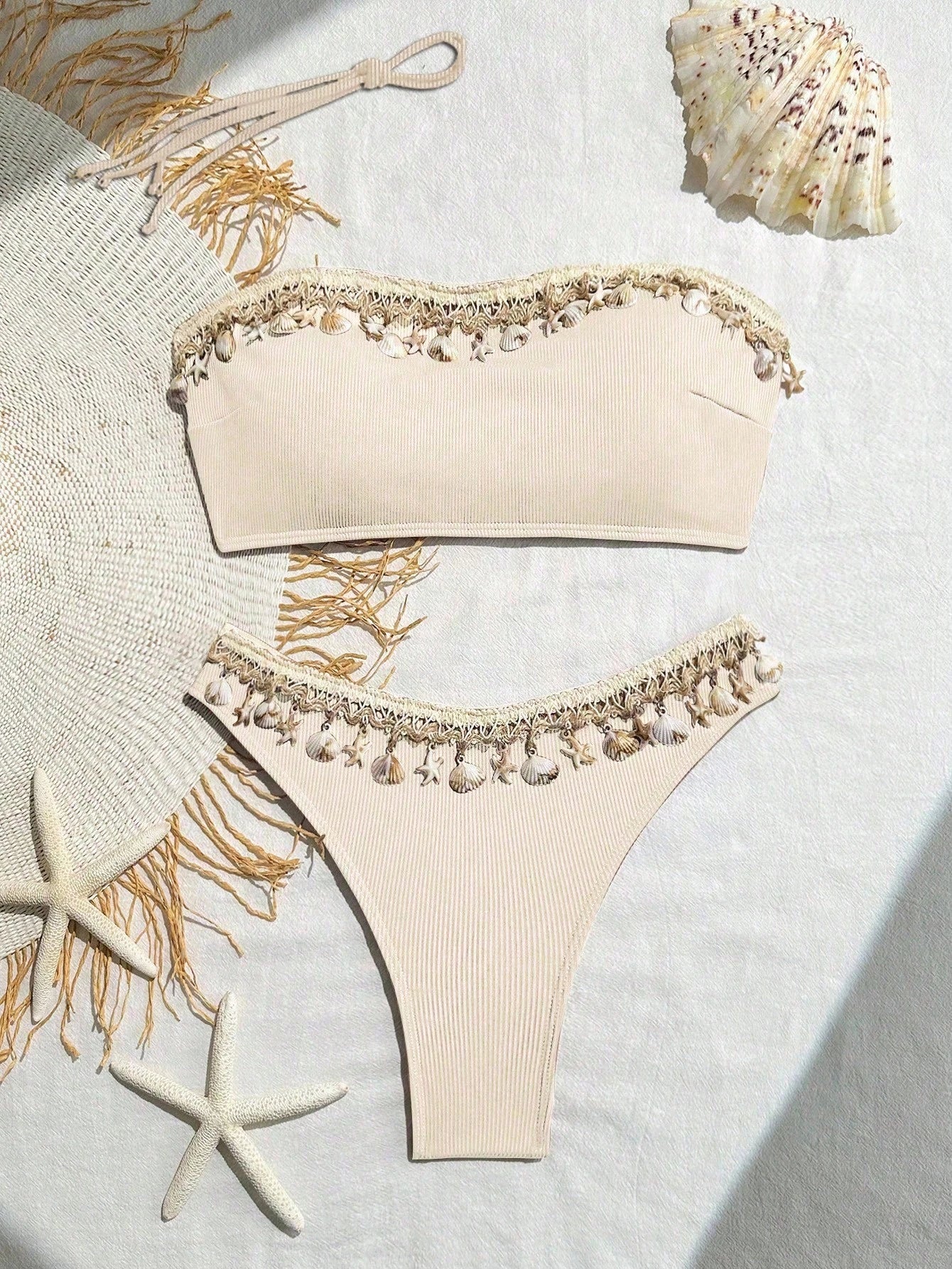 Swim SXY Springbreak Women's Bikini Set, Bandeau Top, Hollow Back, Criss-Cross Straps, Shell Starfish, Ribbed - image 4