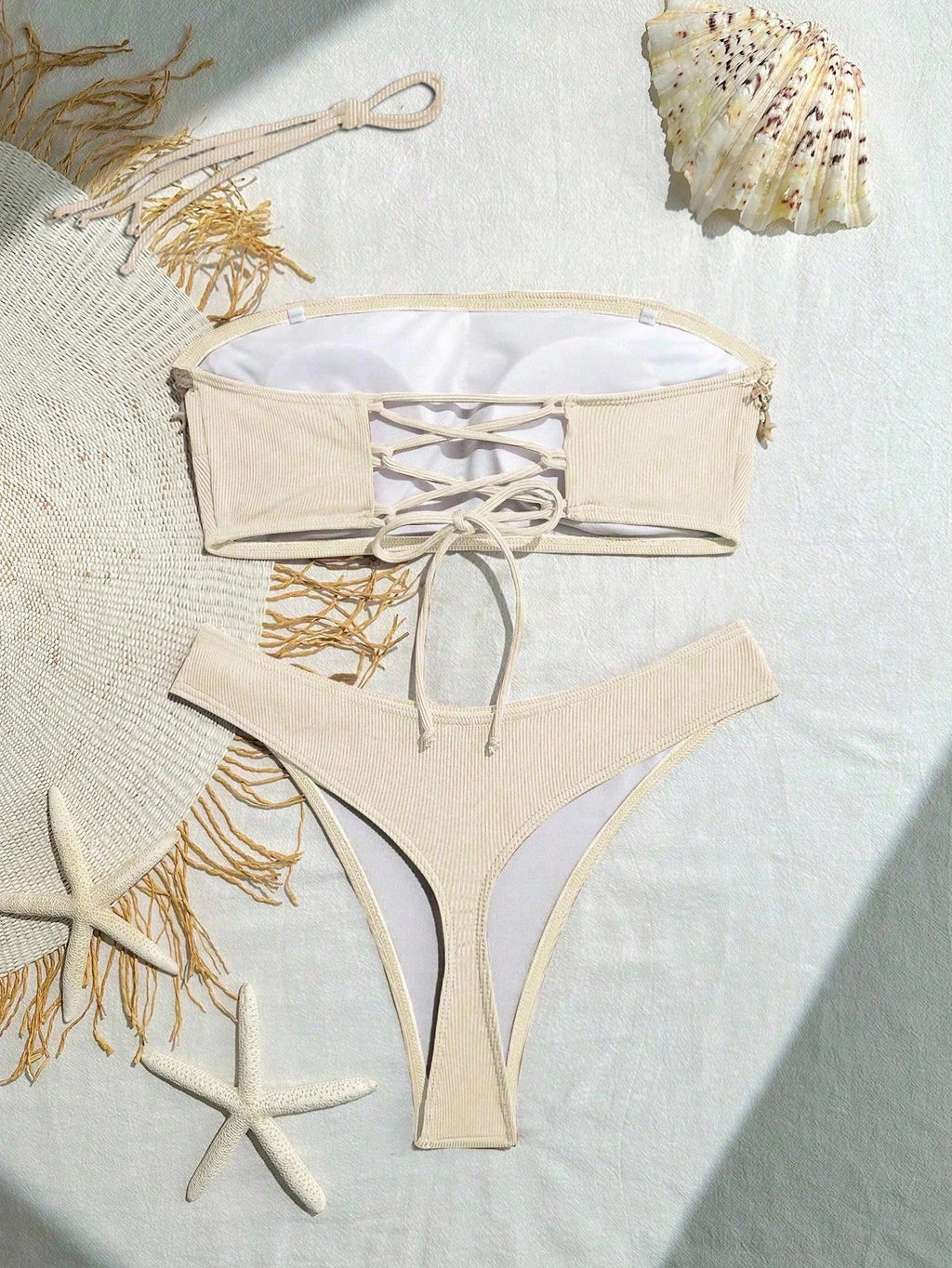 Swim SXY Springbreak Women's Bikini Set, Bandeau Top, Hollow Back, Criss-Cross Straps, Shell Starfish, Ribbed - image 5
