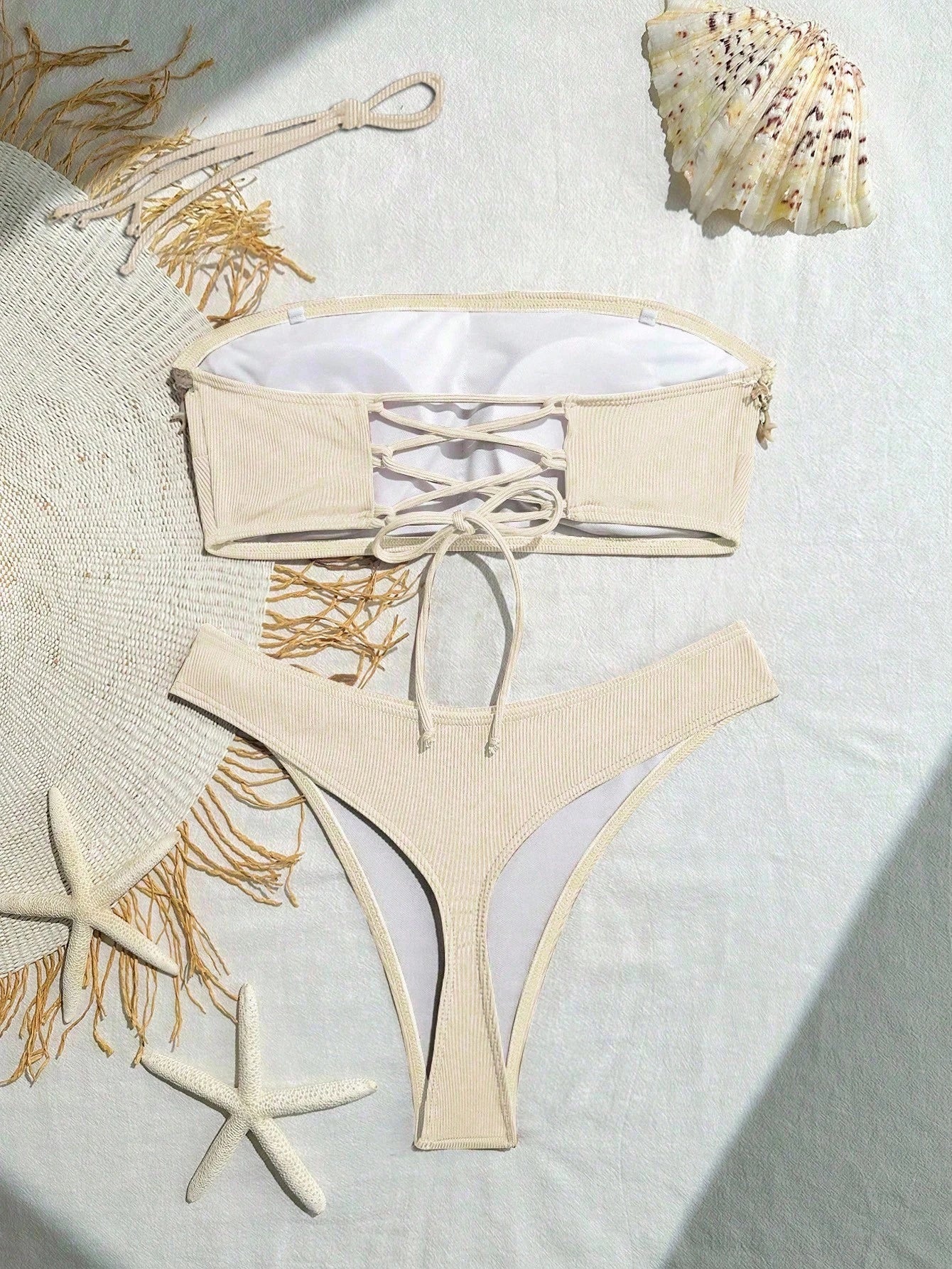 Swim SXY Springbreak Women's Bikini Set, Bandeau Top, Hollow Back, Criss-Cross Straps, Shell Starfish, Ribbed - image 5