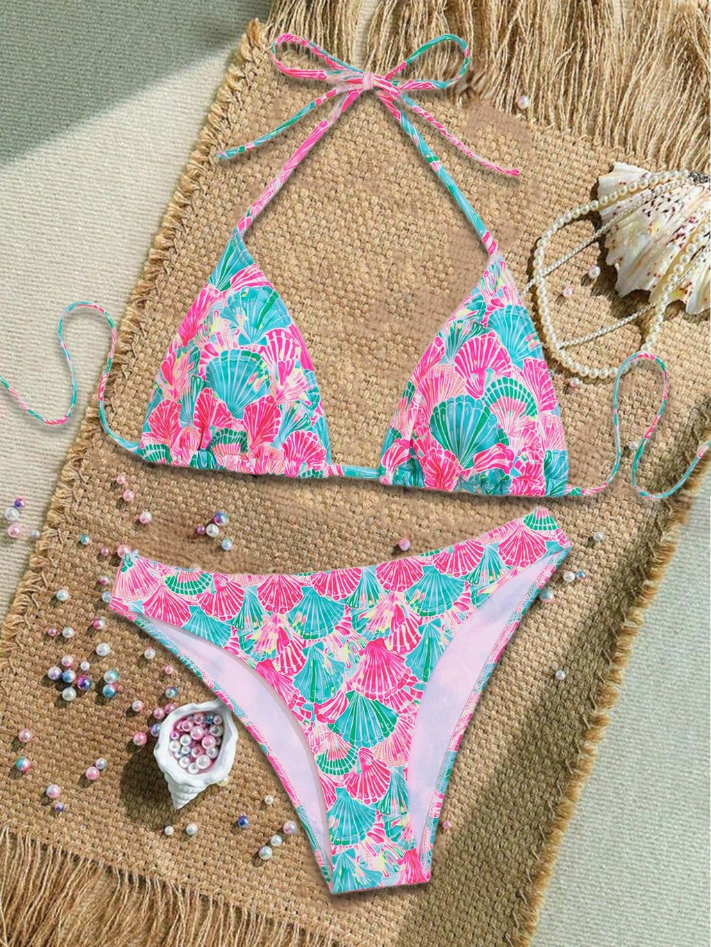 Swim Mod Women's Shell Print Halter Tie Front Sexy Bikini Swimsuit