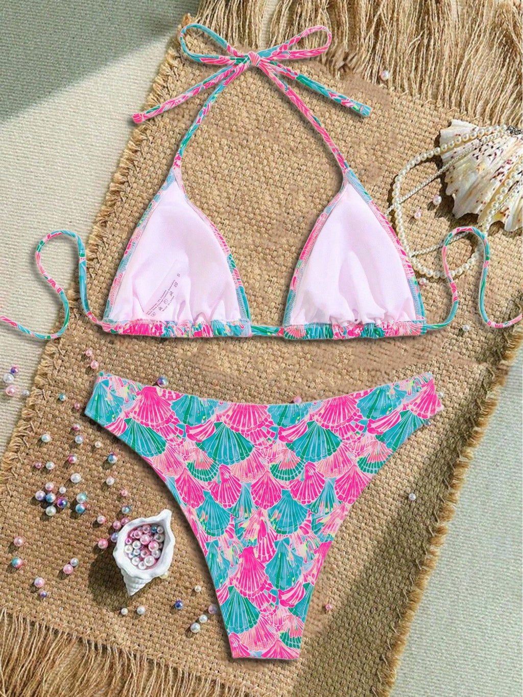 Swim Mod Women's Shell Print Halter Tie Front Sexy Bikini Swimsuit