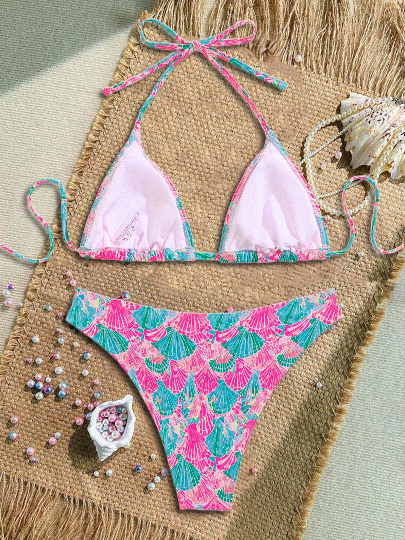 Swim Mod Women's Shell Print Halter Tie Front Sexy Bikini Swimsuit