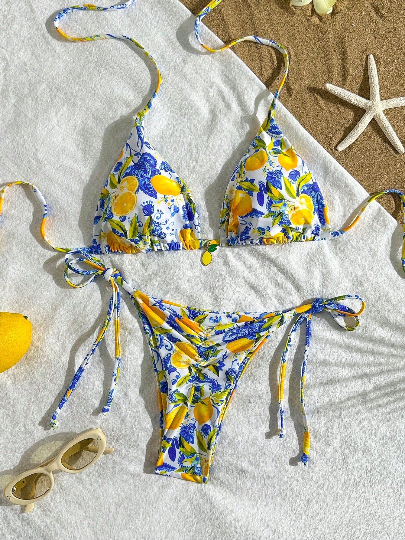 2pcs Lemon Print Bikini Set, Tie Design With Lemon Pendant Decor, Suitable For Beach Vacation, Pool Party And - image 2