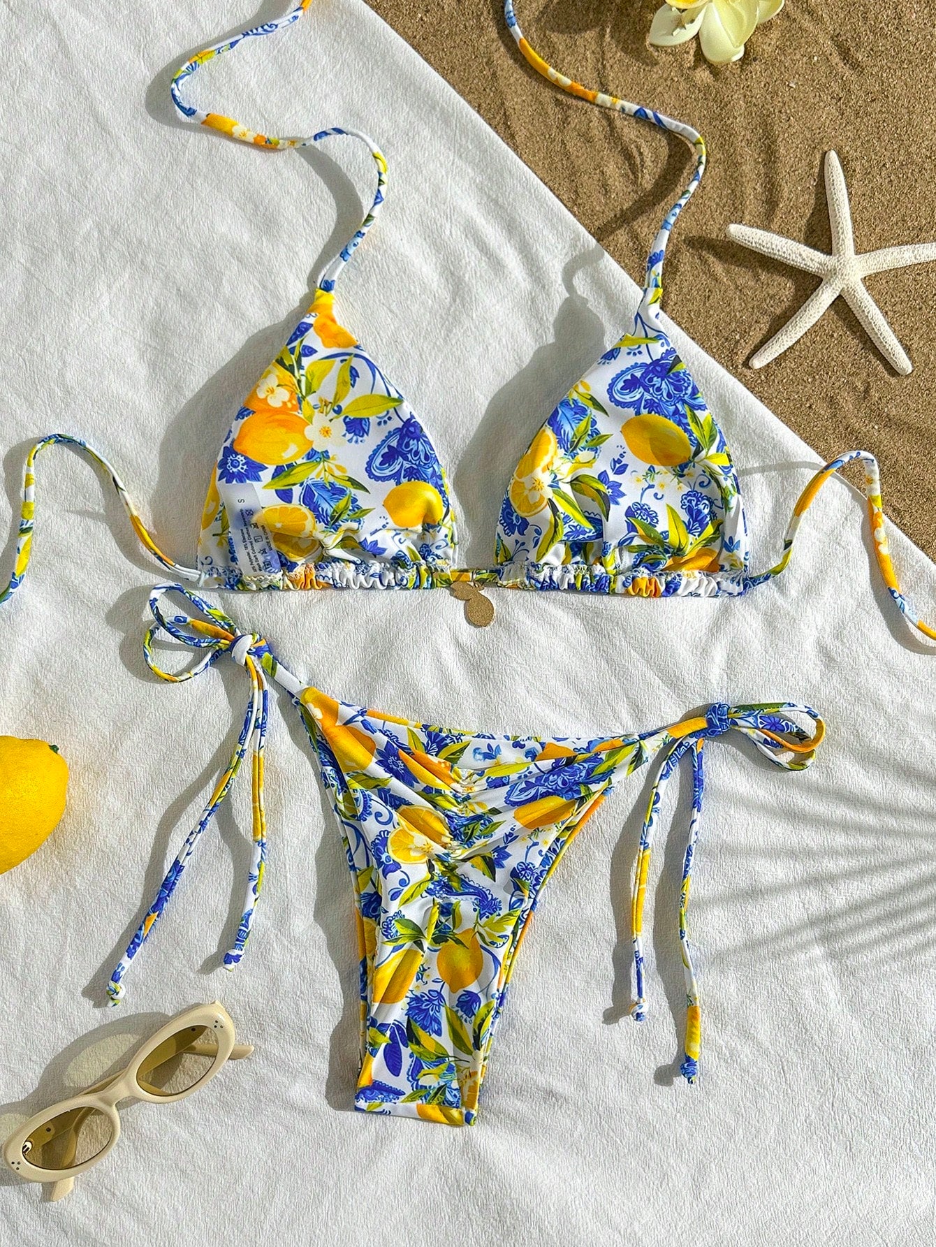 2pcs Lemon Print Bikini Set, Tie Design With Lemon Pendant Decor, Suitable For Beach Vacation, Pool Party And - image 4
