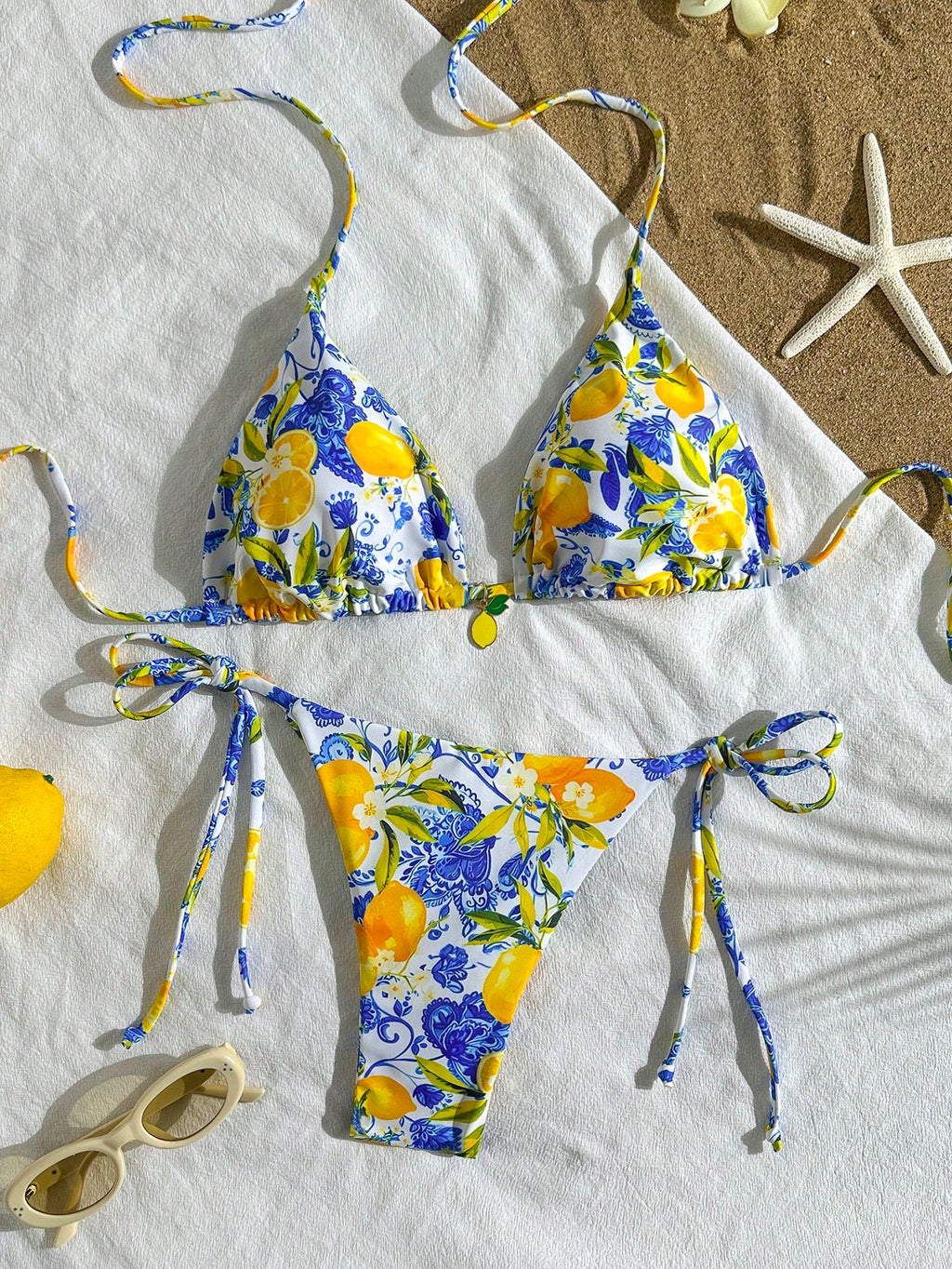 2pcs Lemon Print Bikini Set, Tie Design With Lemon Pendant Decor, Suitable For Beach Vacation, Pool Party And - image 3