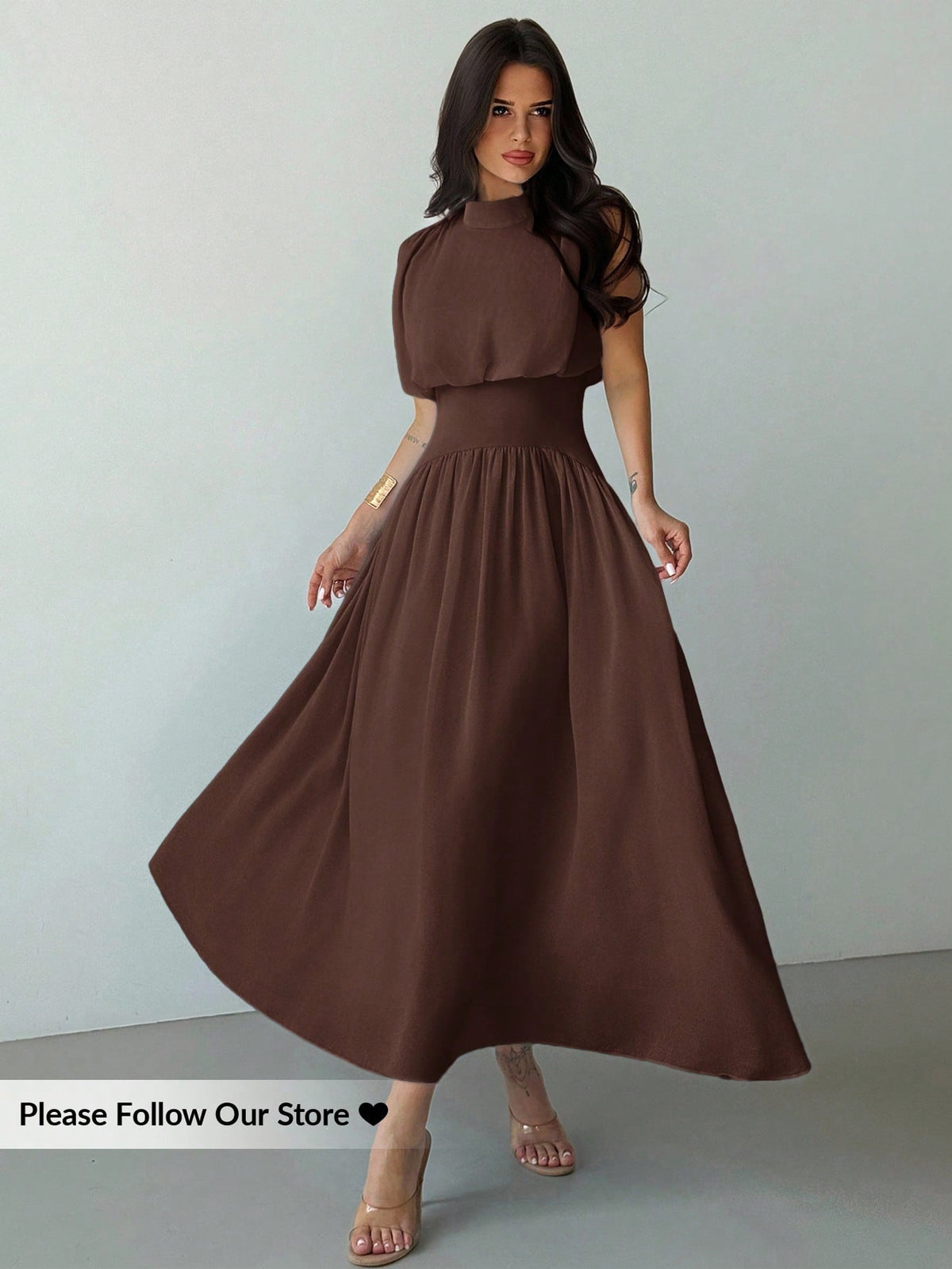 Firerie Women's Coffee Brown Elegant High Neck Cinched Waist A-Line