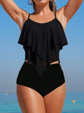 Swim Lushoire 2pcs Women's Ruffled Crop Top And High Waist Leopard Print Bottoms