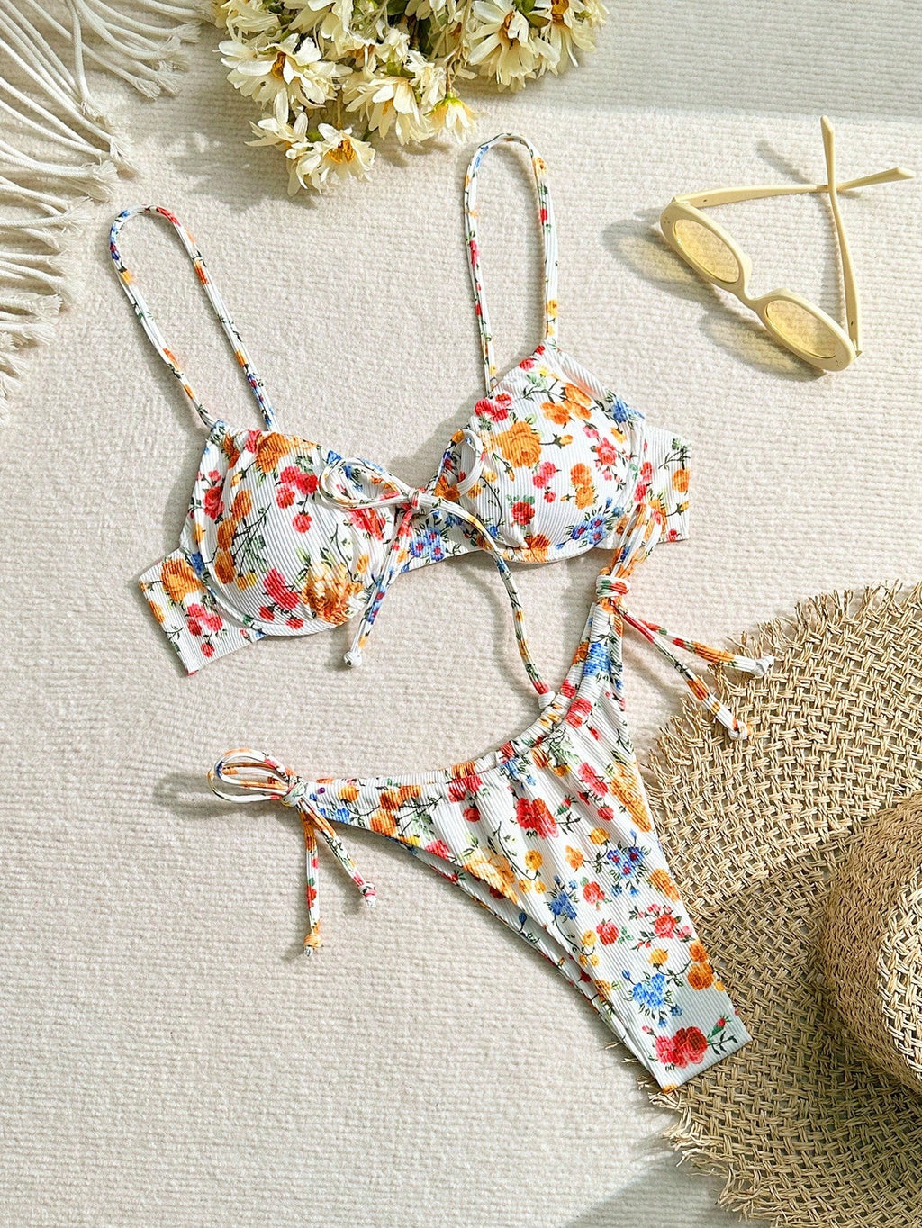 Swim Summer Beach Tropical Print Underwire Tie Side Bikini Set