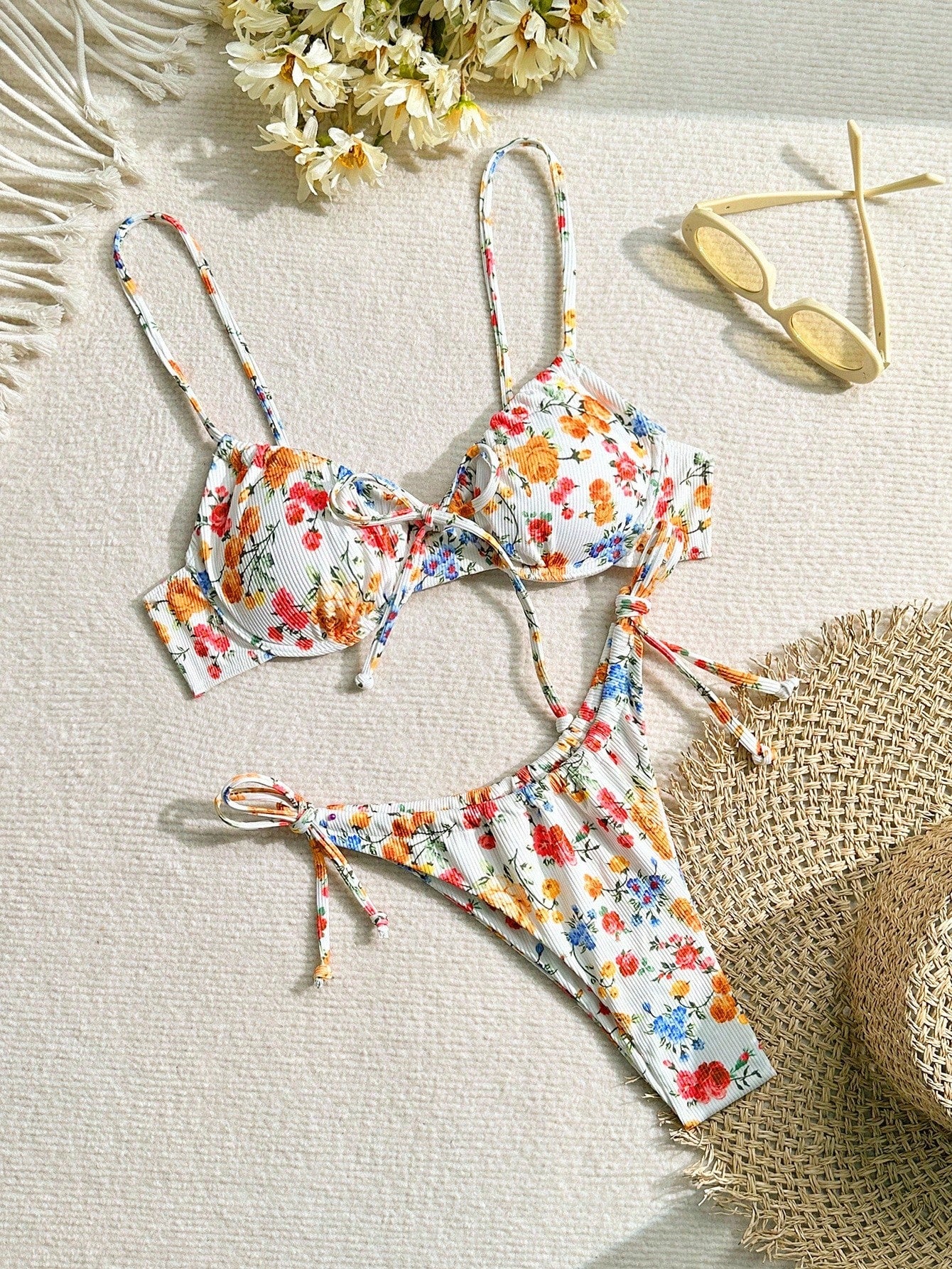 Swim Summer Beach Tropical Print Underwire Tie Side Bikini Set
