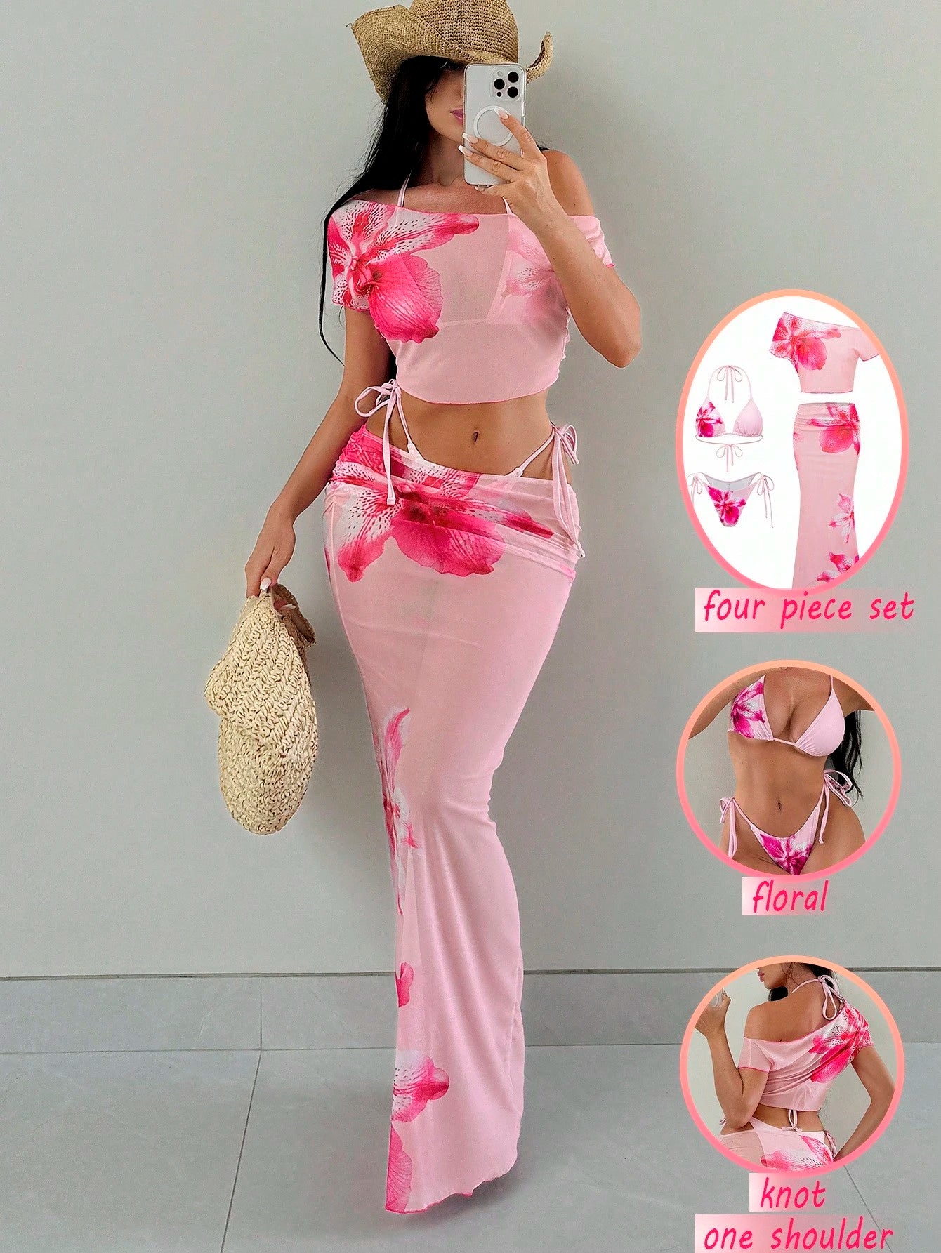 Swim SXY 4pcs Women's Pink Summer Casual Holiday Vacation Holiday Set:Halter Nec