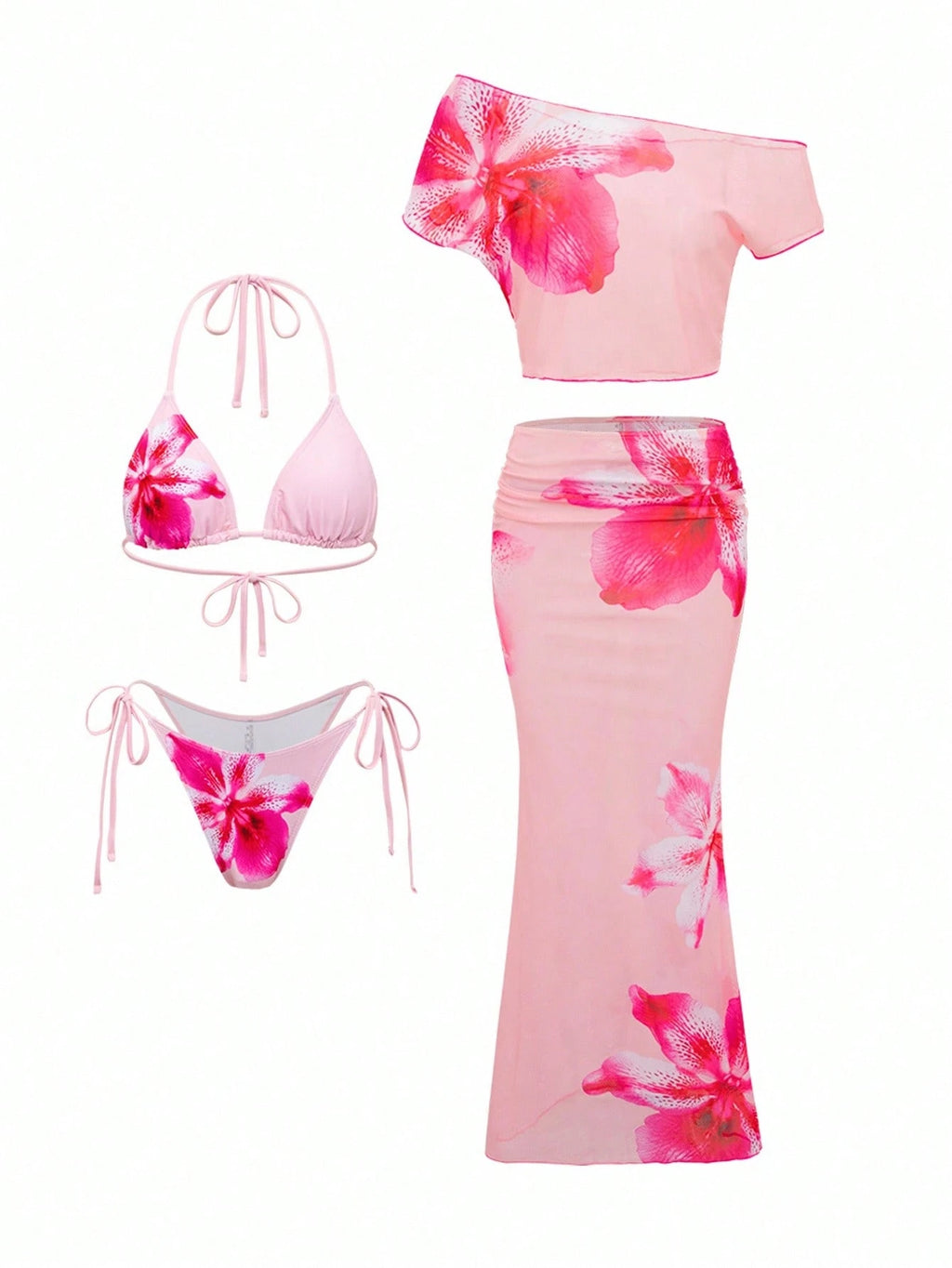 Swim SXY 4pcs Women's Pink Summer Casual Holiday Vacation Holiday Set:Halter Nec