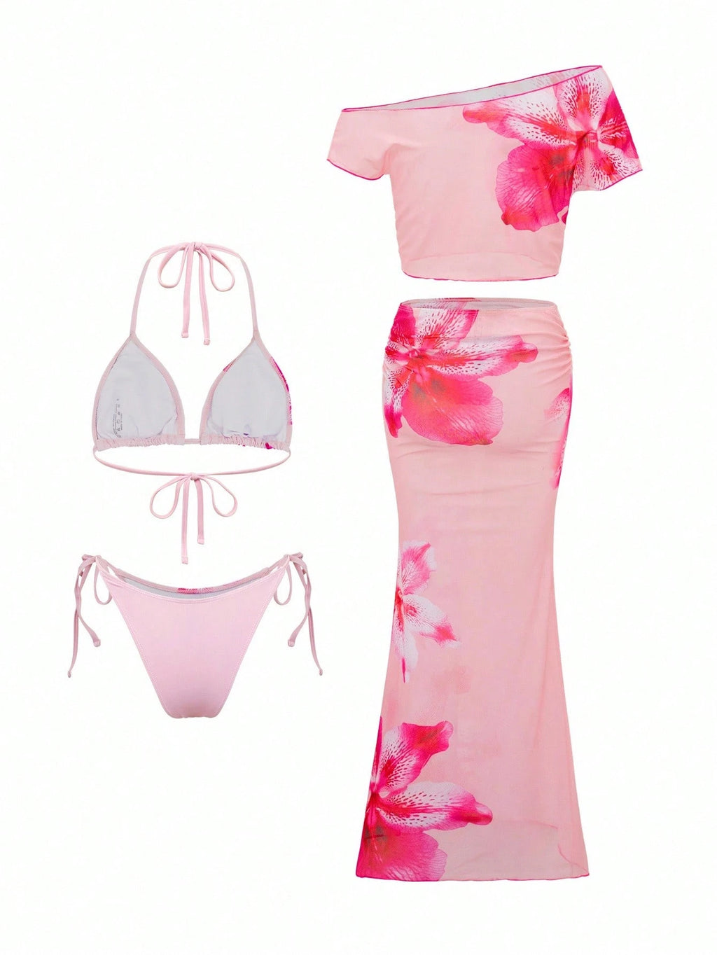 Swim SXY 4pcs Women's Pink Summer Casual Holiday Vacation Holiday Set:Halter Nec