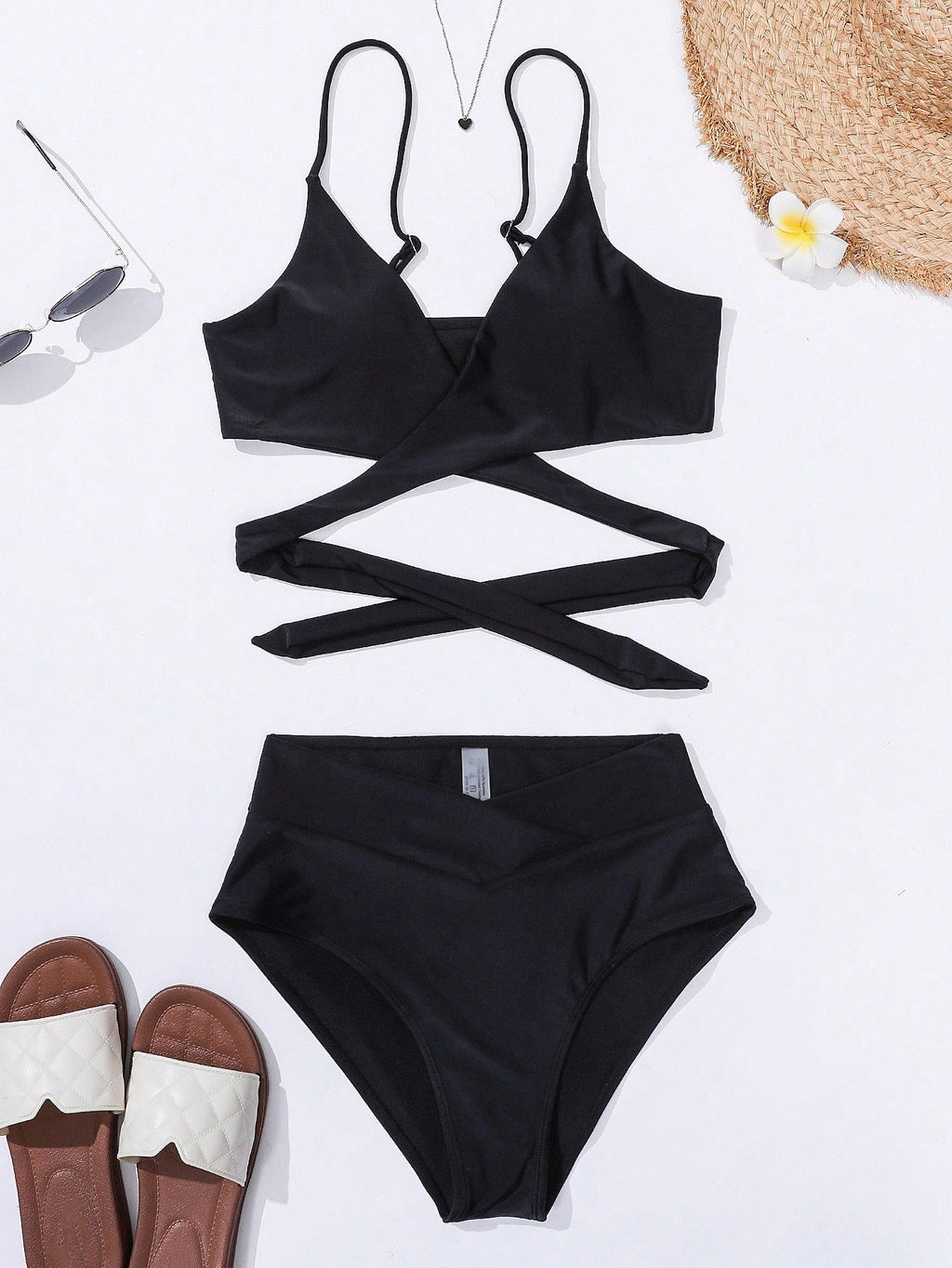 Swim Vcay Summer Beach Solid Bikini Set Crisscross Tie Back Bra &