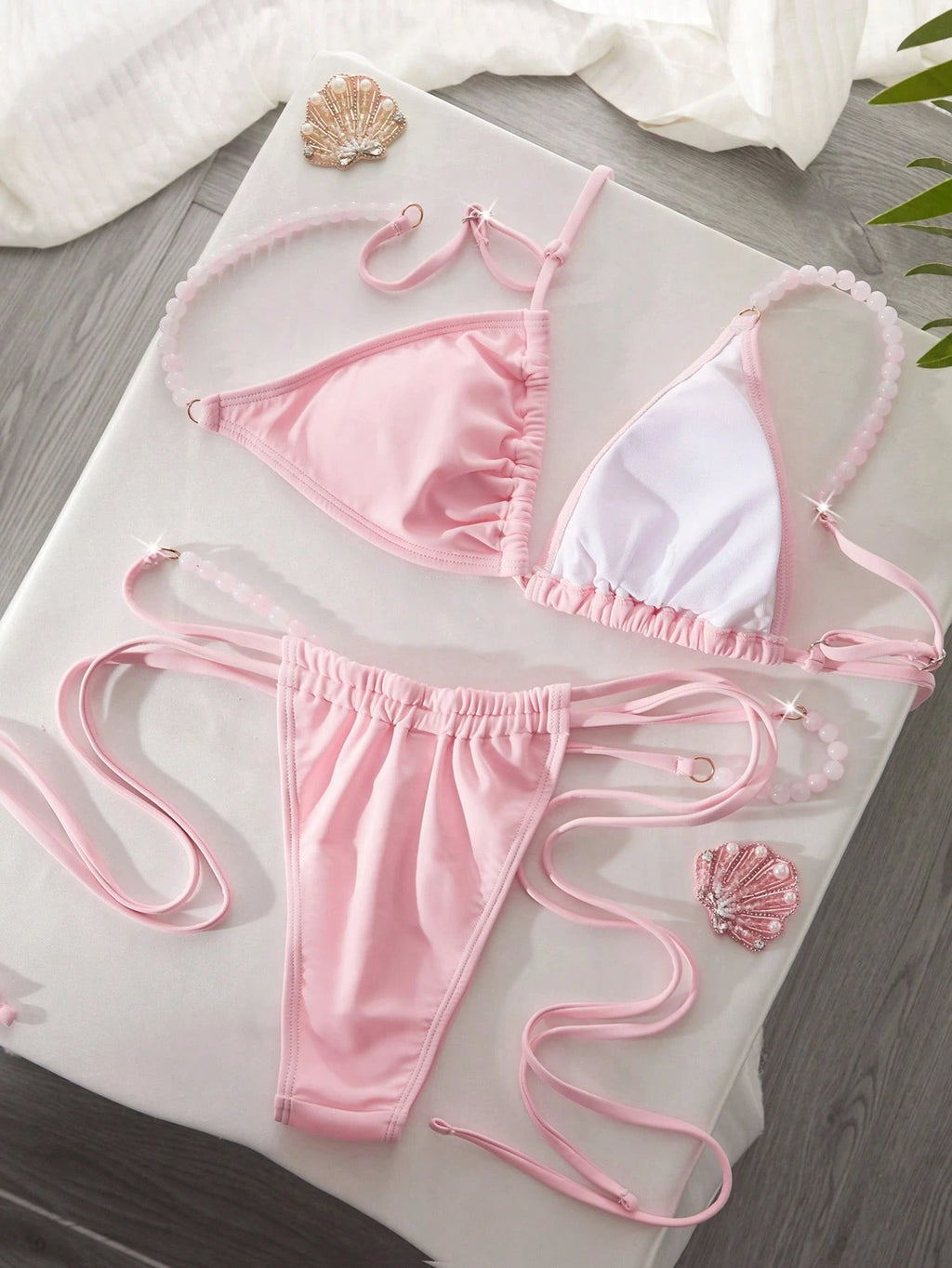 Women's Swimwear, Cute & Sexy Bikini, Pink Beaded Decor, Must-Have
