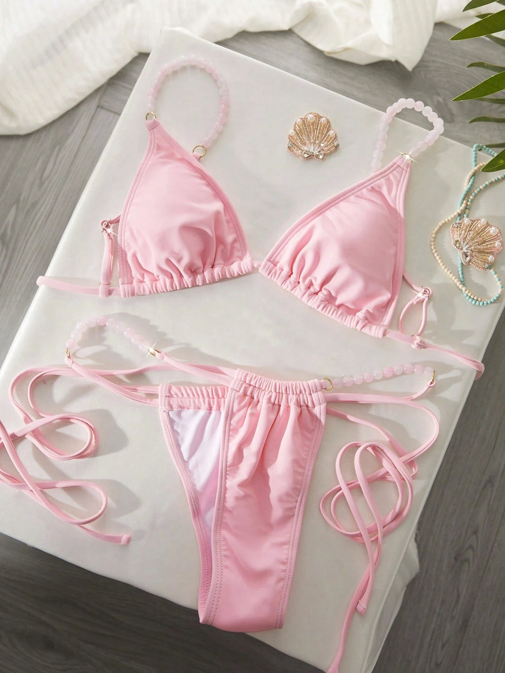 Women's Swimwear, Cute & Sexy Bikini, Pink Beaded Decor, Must-Have