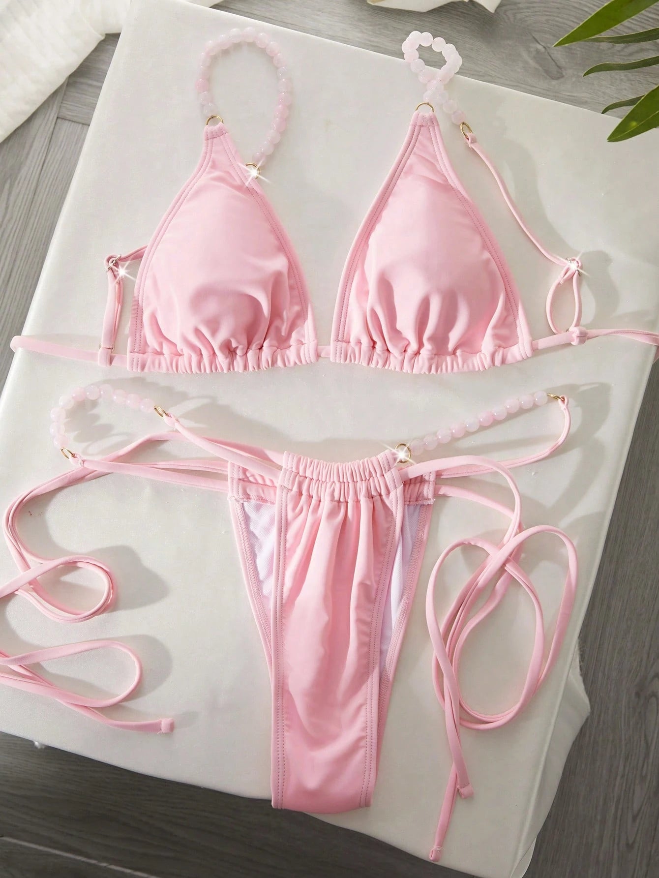 Women's Swimwear, Cute & Sexy Bikini, Pink Beaded Decor, Must-Have