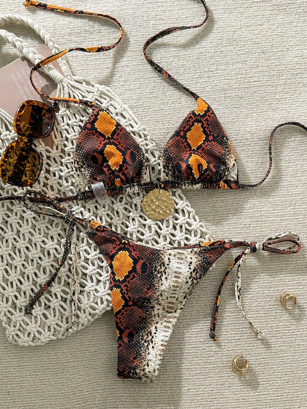 Lady's Snake Print Halter & Tie-Side 2Pcs Dual-Fabric Swimwear With