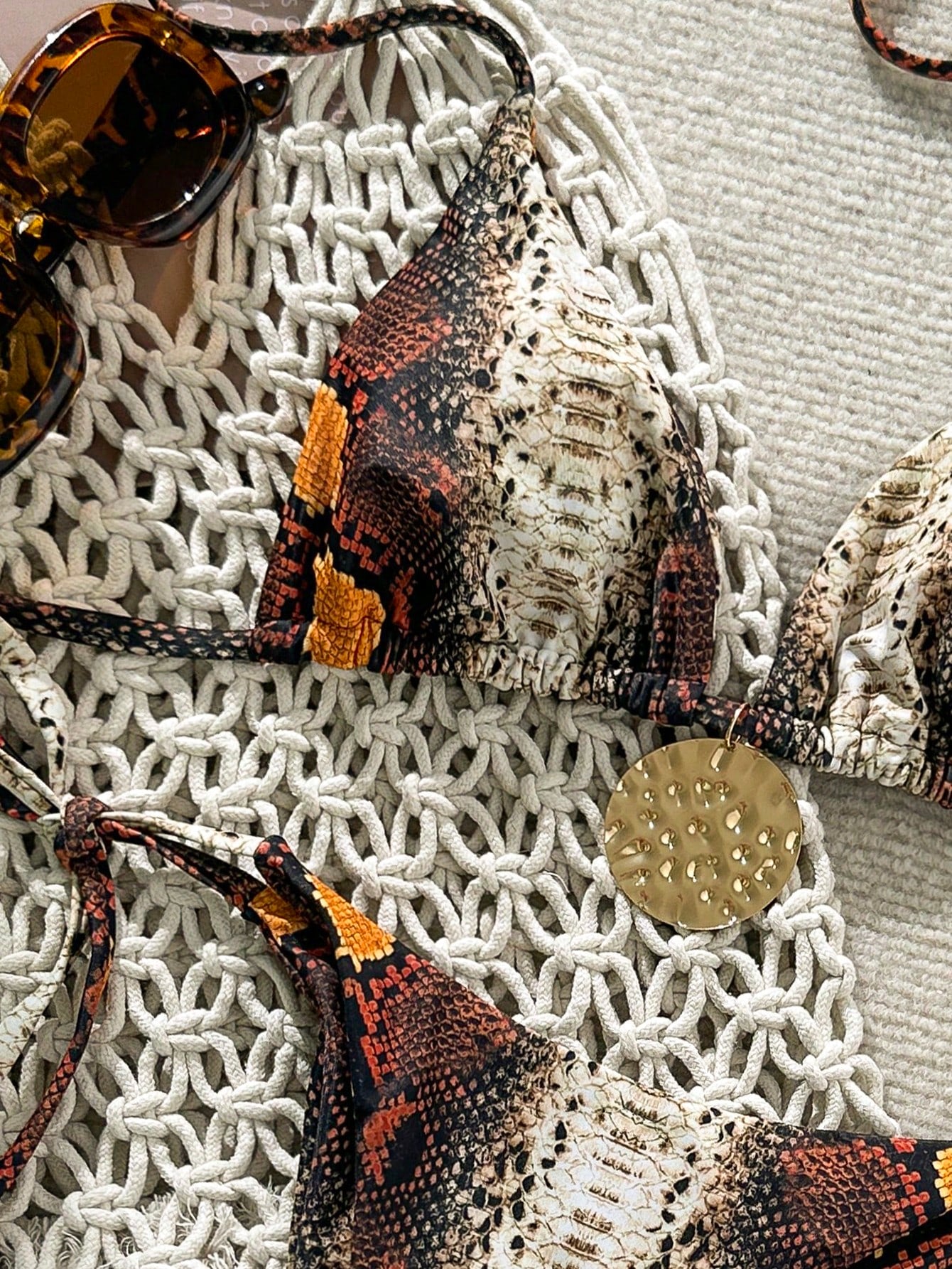 Lady's Snake Print Halter & Tie-Side 2Pcs Dual-Fabric Swimwear With Gold Decorations: Sexy, Stylish – Beach - image 4