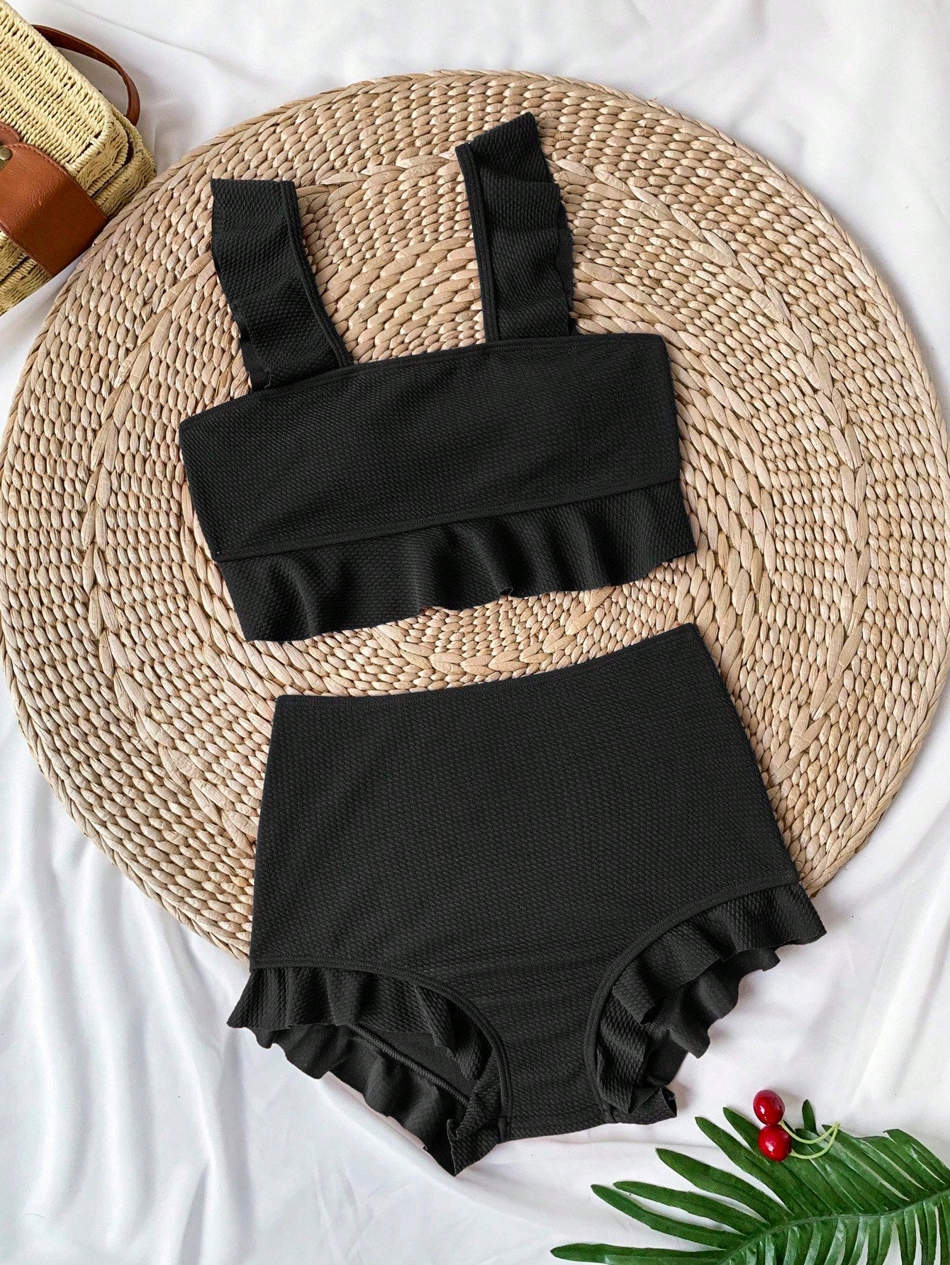 Swim Vcay Navy Blue Square Neck Ruffle Trim Bikini Set, Crop Top And