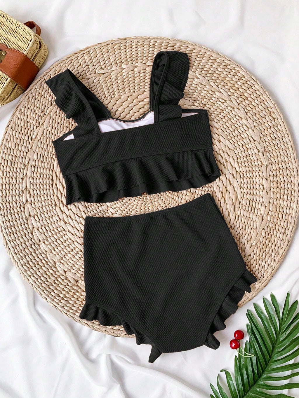 Swim Vcay Navy Blue Square Neck Ruffle Trim Bikini Set, Crop Top And