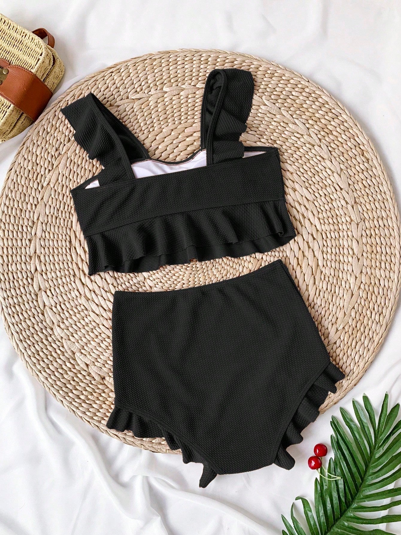 Swim Vcay Navy Blue Square Neck Ruffle Trim Bikini Set, Crop Top And