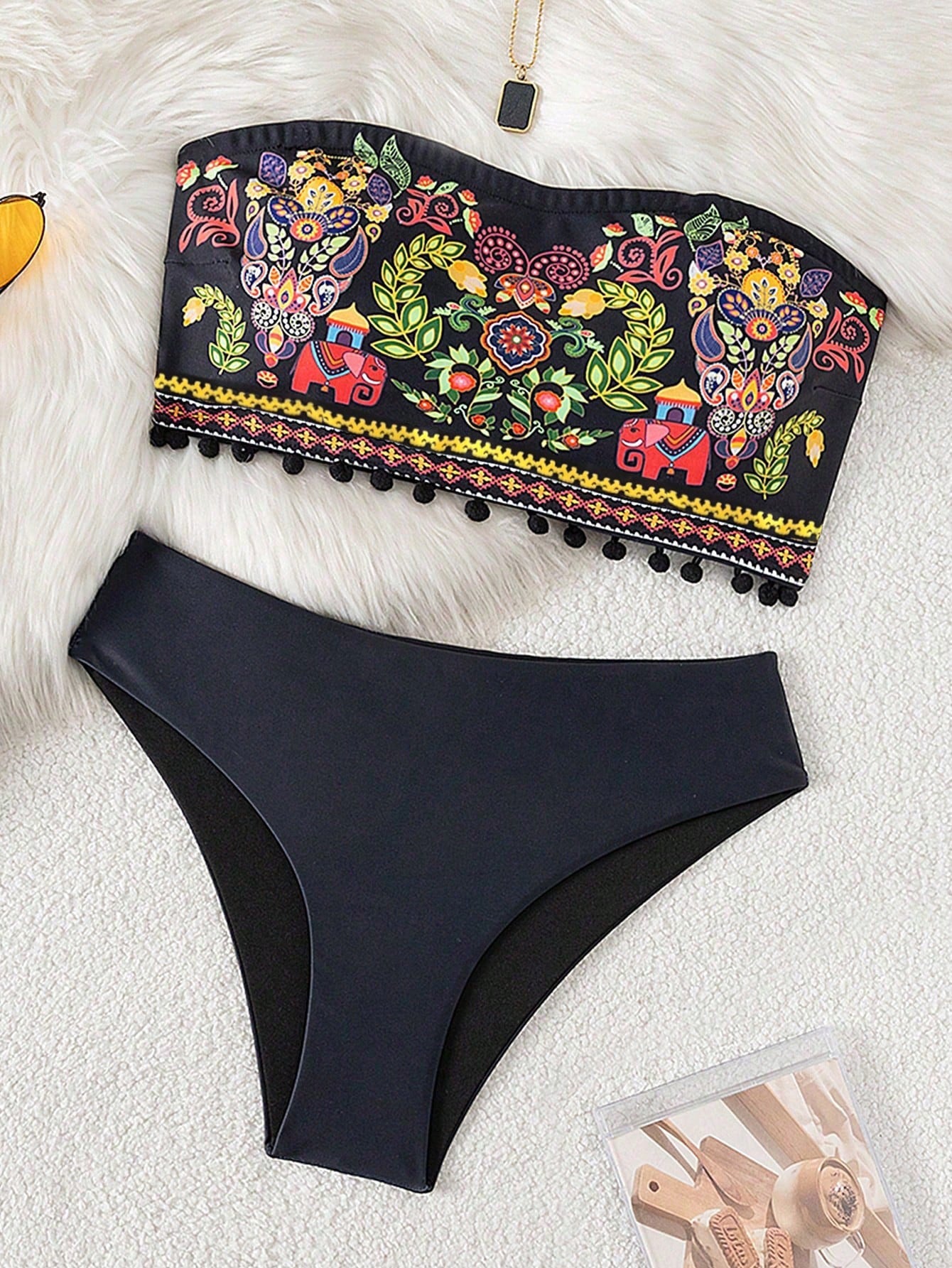 Swim Vcay Women's Black Summer Boho 2 Pieces Bikini Set,Embroidered