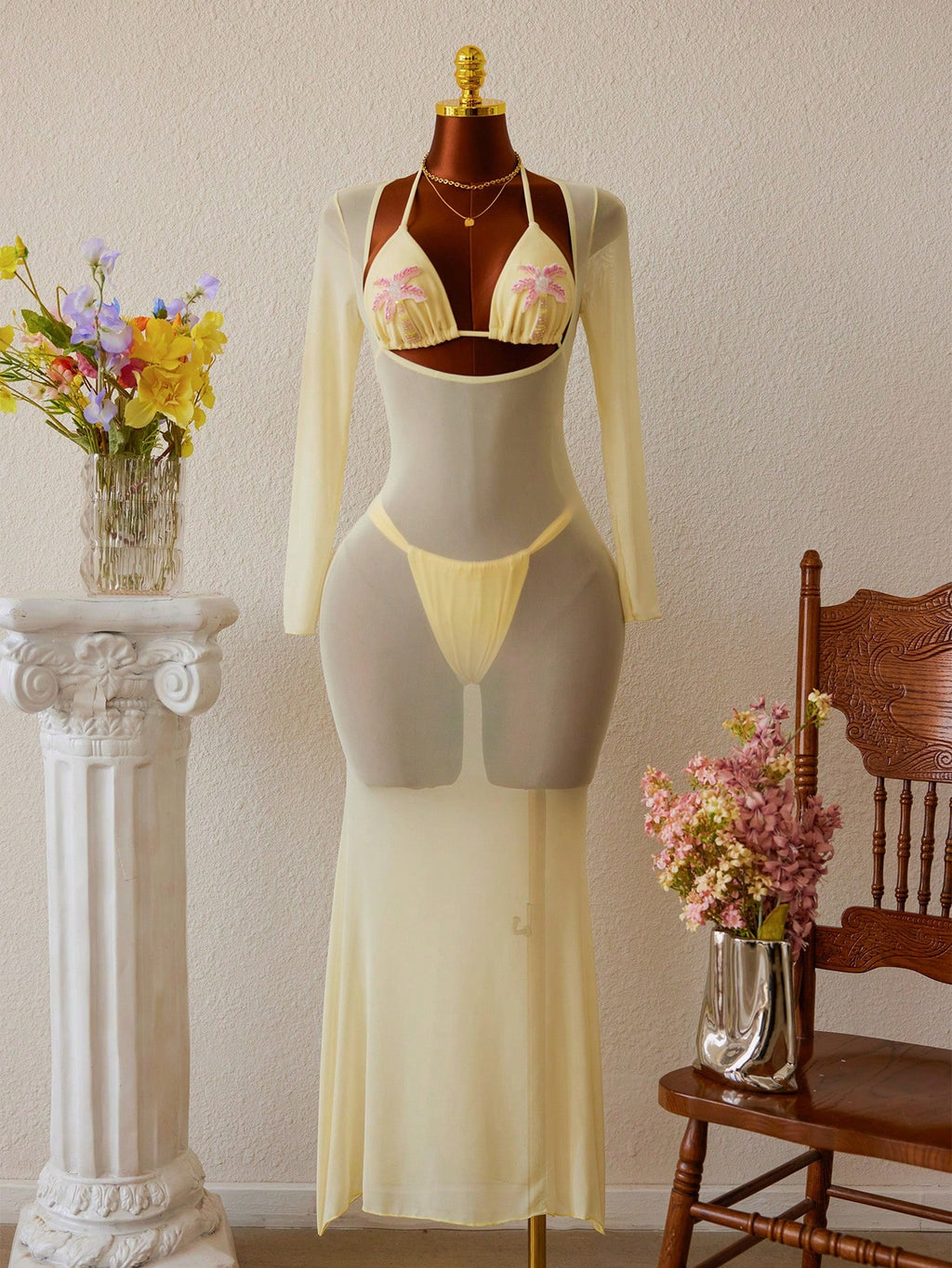 3pcs SS26 New Women's Fashion Bikini Set, Crop Top With Mesh Dress, Ocean Pearl Decor, Light Yellow, Women's - image 3