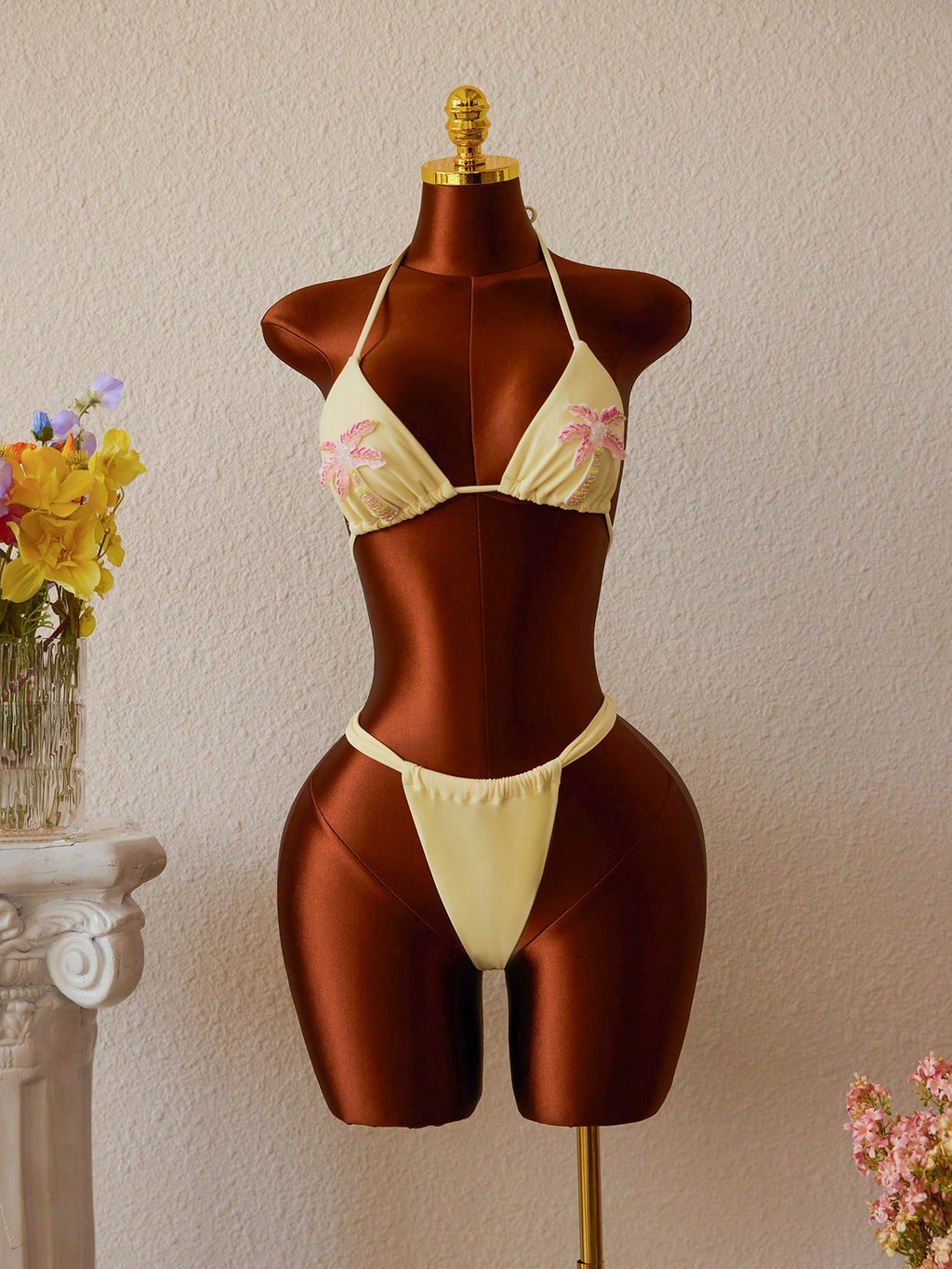 3pcs SS26 New Women's Fashion Bikini Set, Crop Top With Mesh Dress, Ocean Pearl Decor, Light Yellow, Women's - image 5