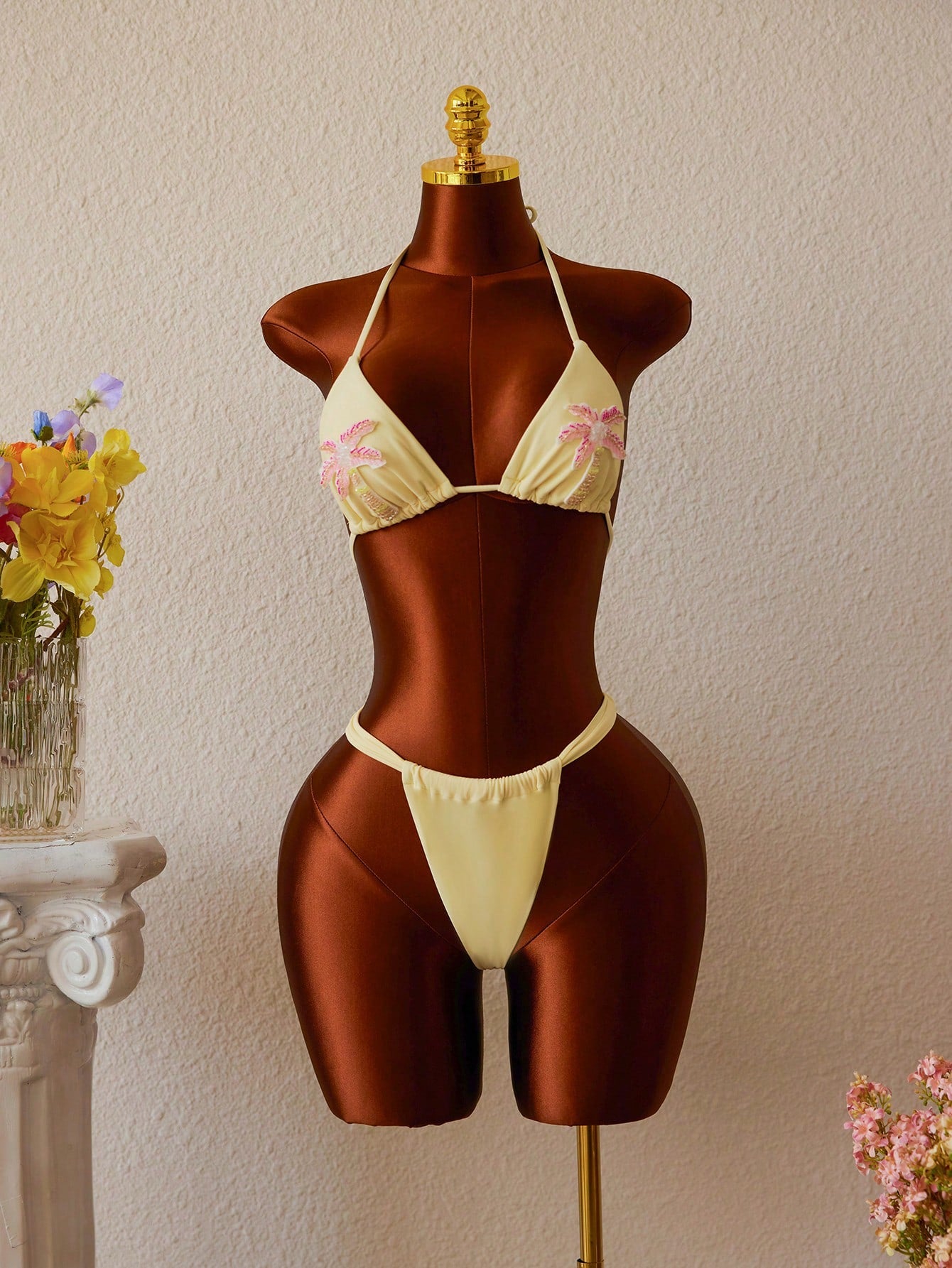 3pcs SS26 New Women's Fashion Bikini Set, Crop Top With Mesh Dress, Ocean Pearl Decor, Light Yellow, Women's - image 5