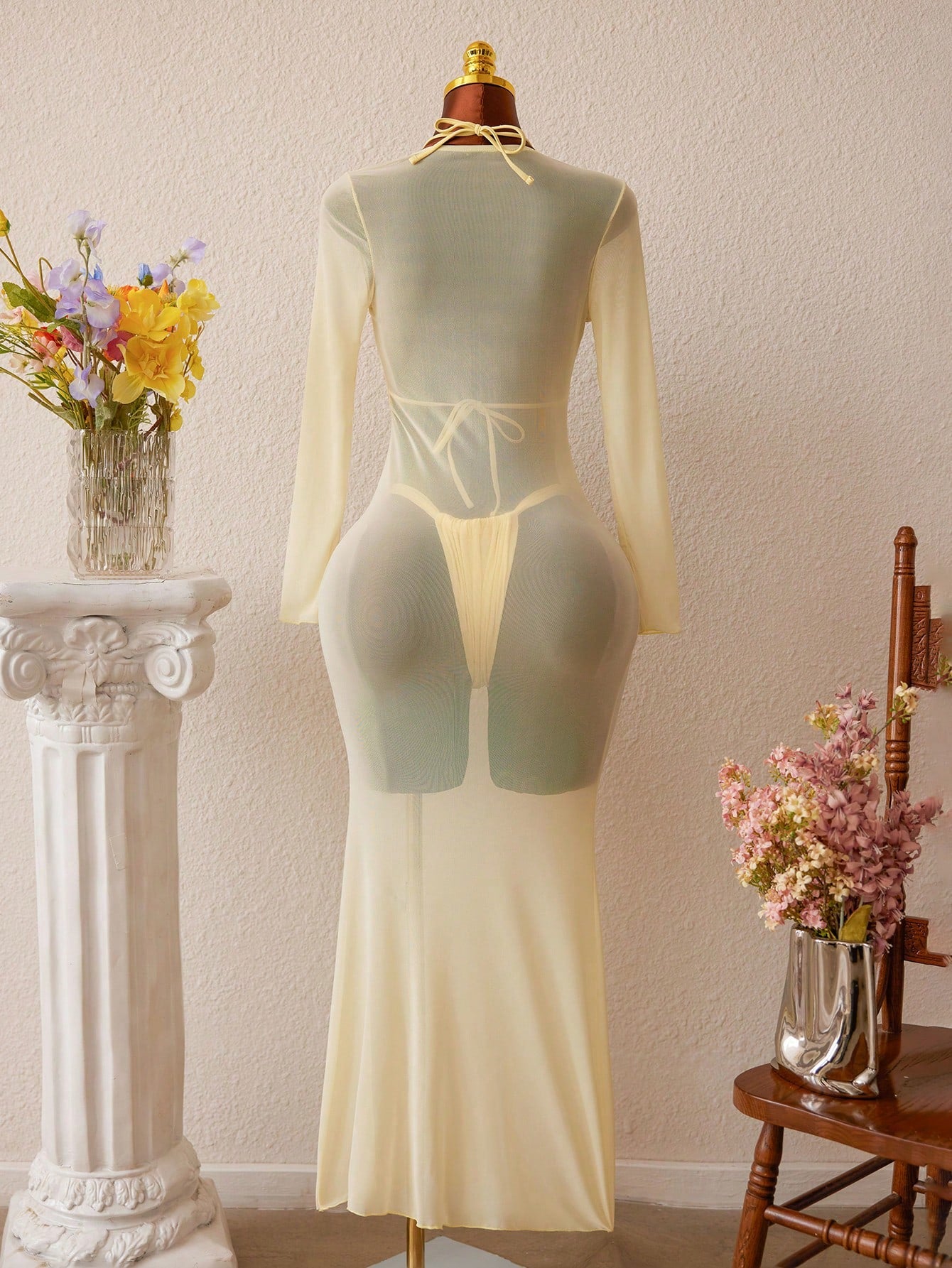 3pcs SS26 New Women's Fashion Bikini Set, Crop Top With Mesh Dress, Ocean Pearl Decor, Light Yellow, Women's - image 4