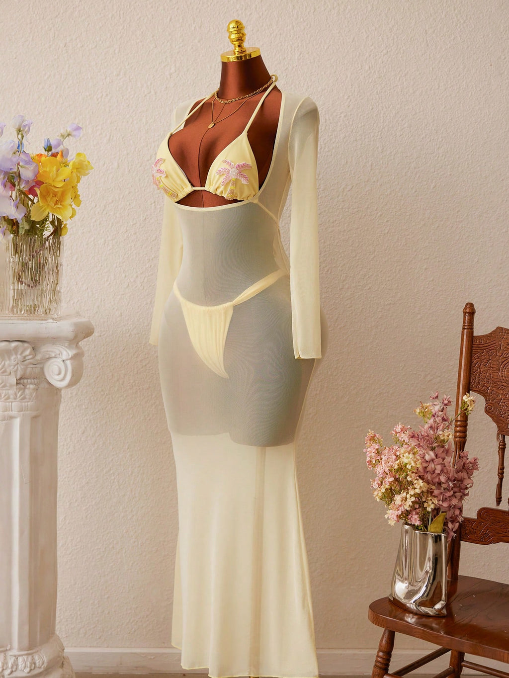 3pcs SS26 New Women's Fashion Bikini Set, Crop Top With Mesh Dress, Ocean Pearl Decor, Light Yellow, Women's - image 7