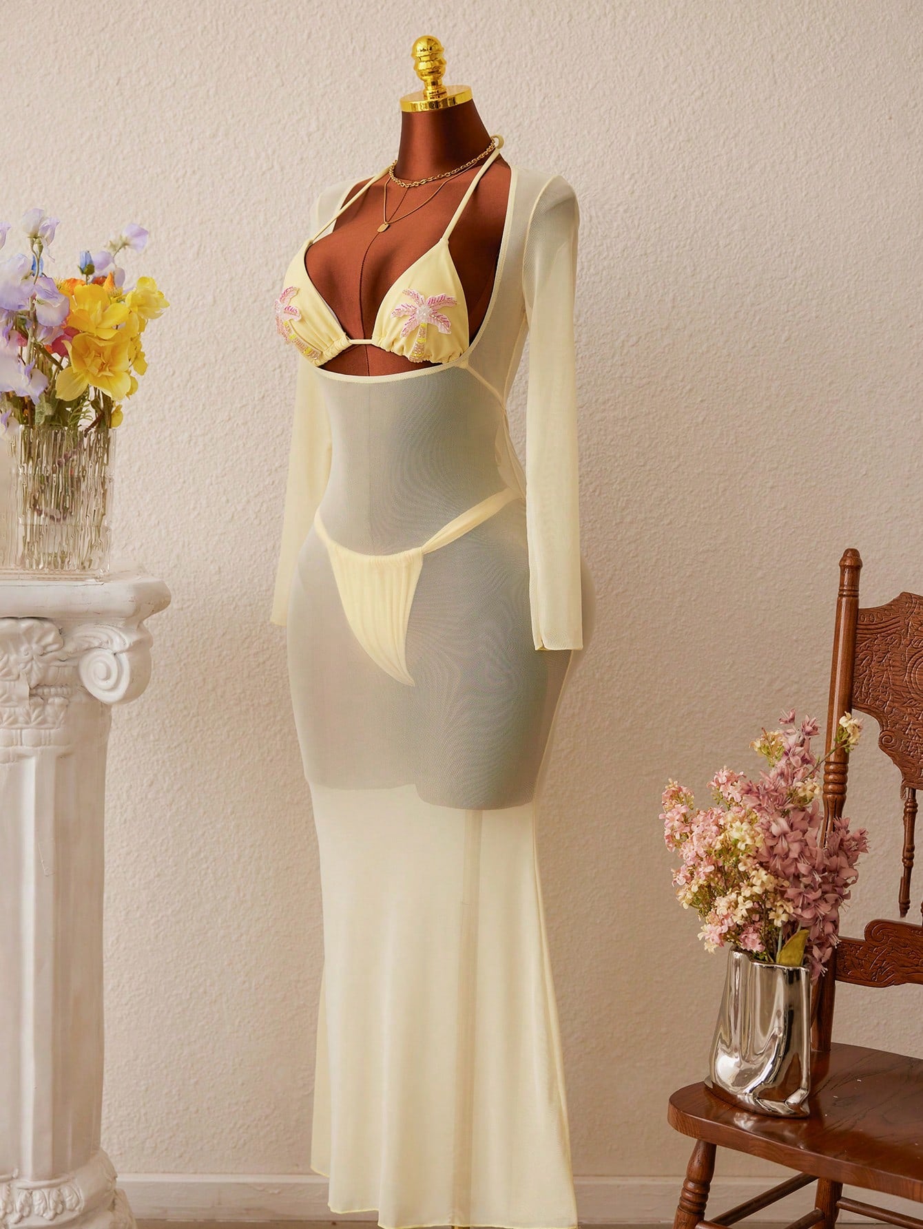 3pcs SS26 New Women's Fashion Bikini Set, Crop Top With Mesh Dress, Ocean Pearl Decor, Light Yellow, Women's - image 7