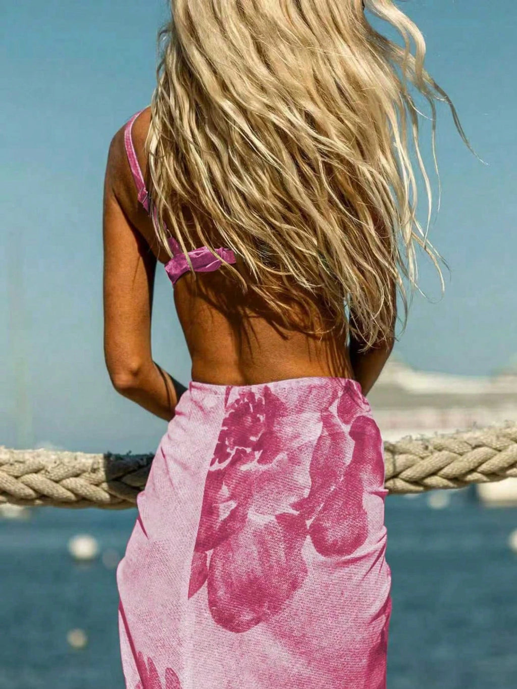 3pcs Women's Floral Bikini Set With Ombre Floral Print Mesh Maxi Skirt. The Tie-