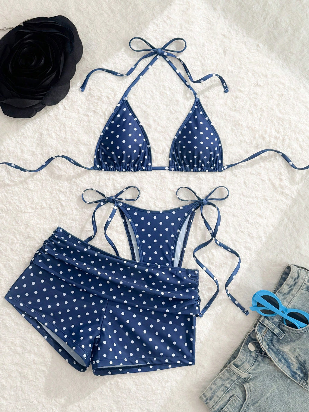 Costavie Women's Navy Blue Polka Dot 3 Pieces Swimwear Set,Summer