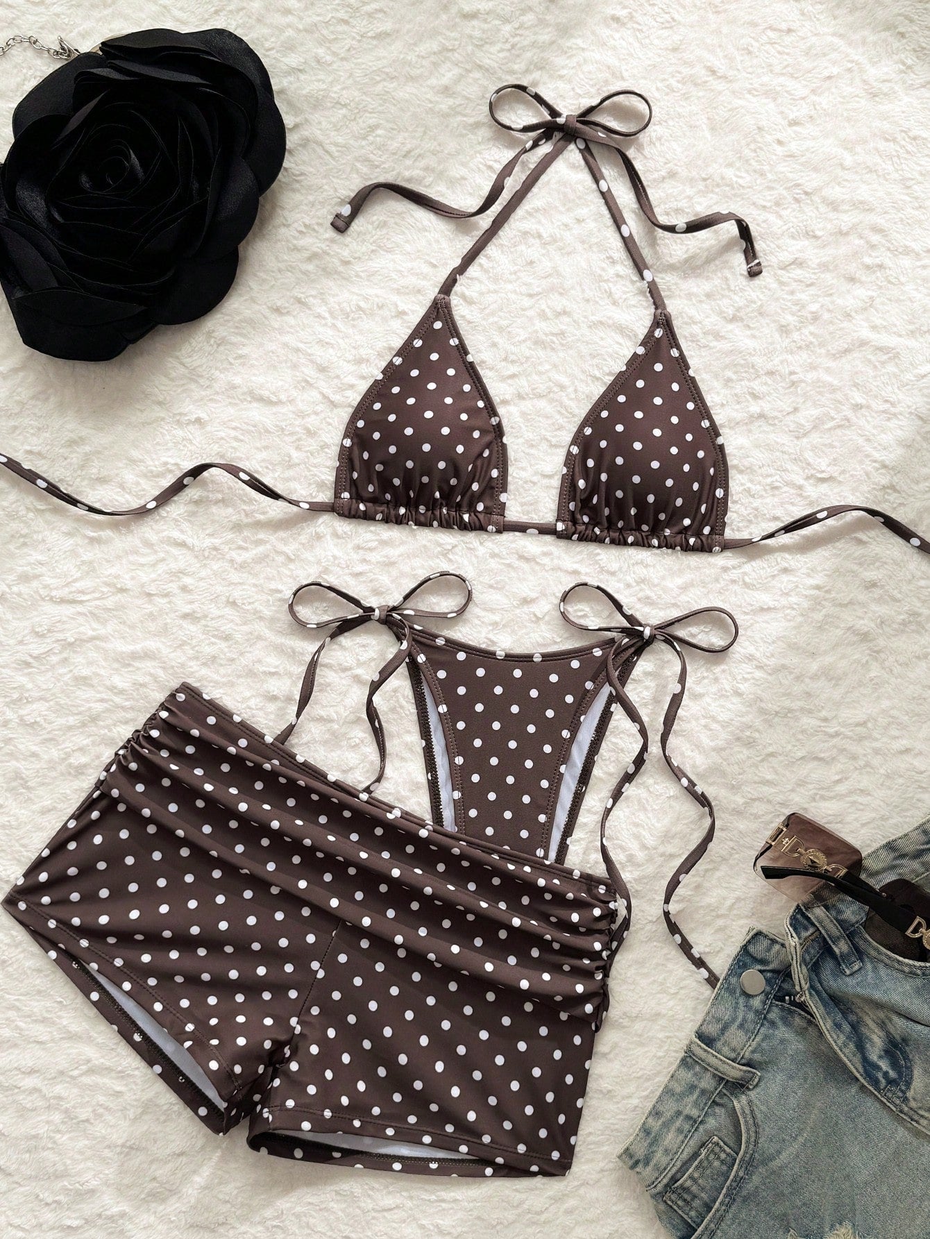 Costavie Summer New Beach Vacation Party Afternoon Tea Polka Dot Print Micro Triangle Side Tie Ruched 3 - image 10