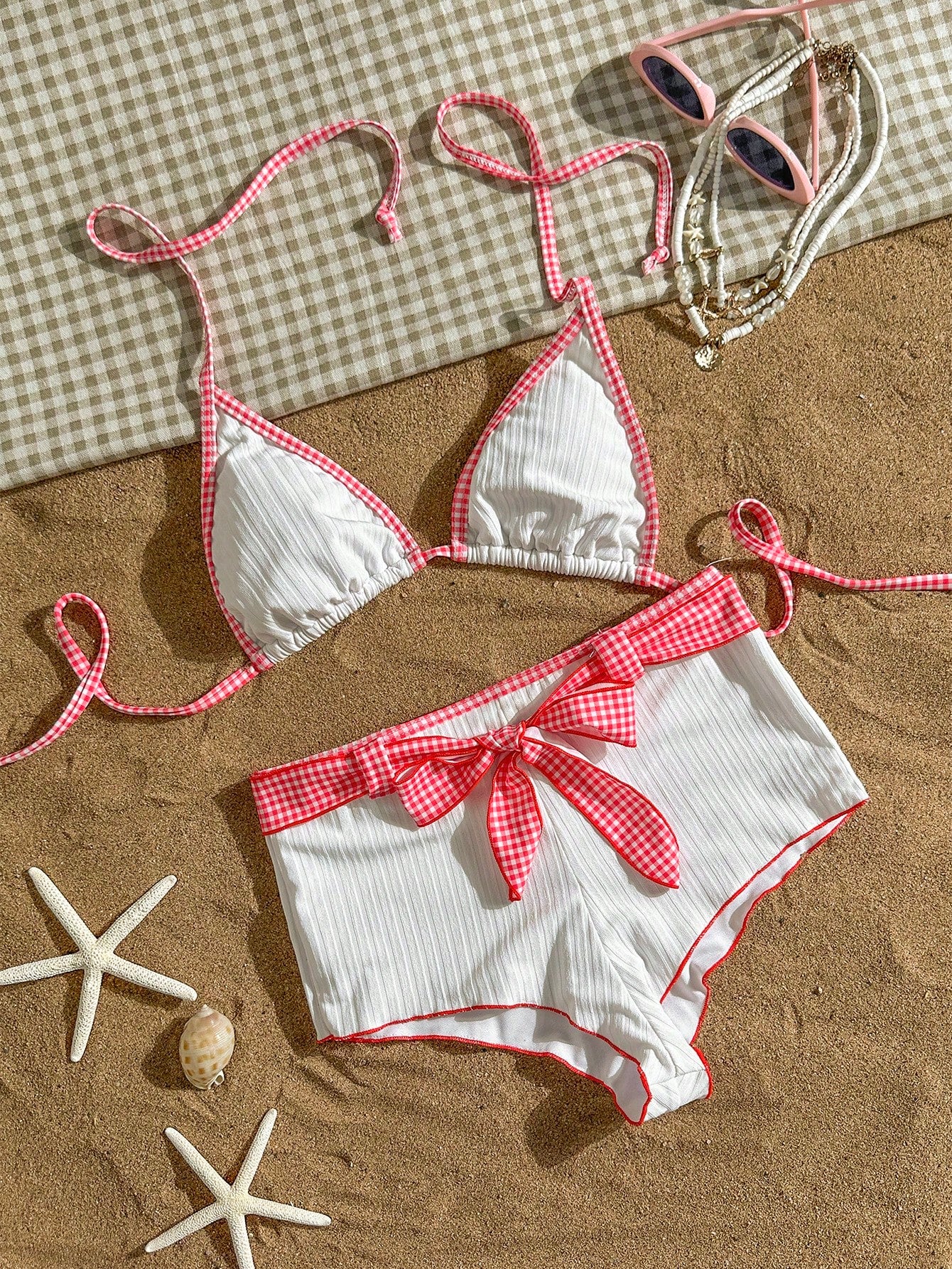 2pcs Sexy Retro Red & White Bikini Set - Triangle Top With Contrast