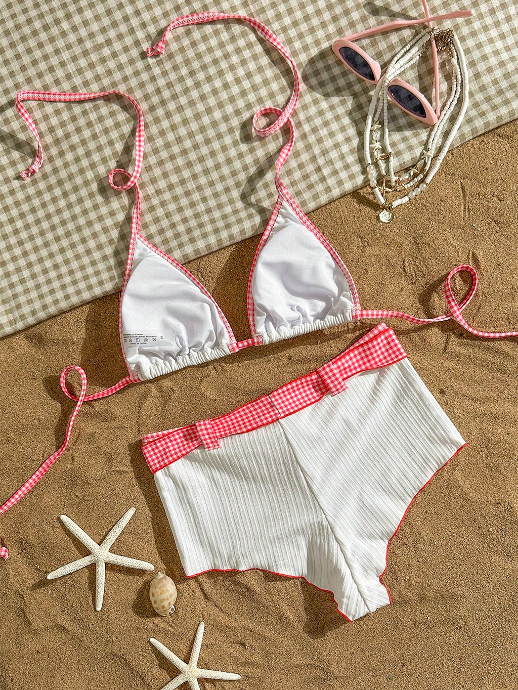 2pcs Sexy Retro Red & White Bikini Set - Triangle Top With Contrast