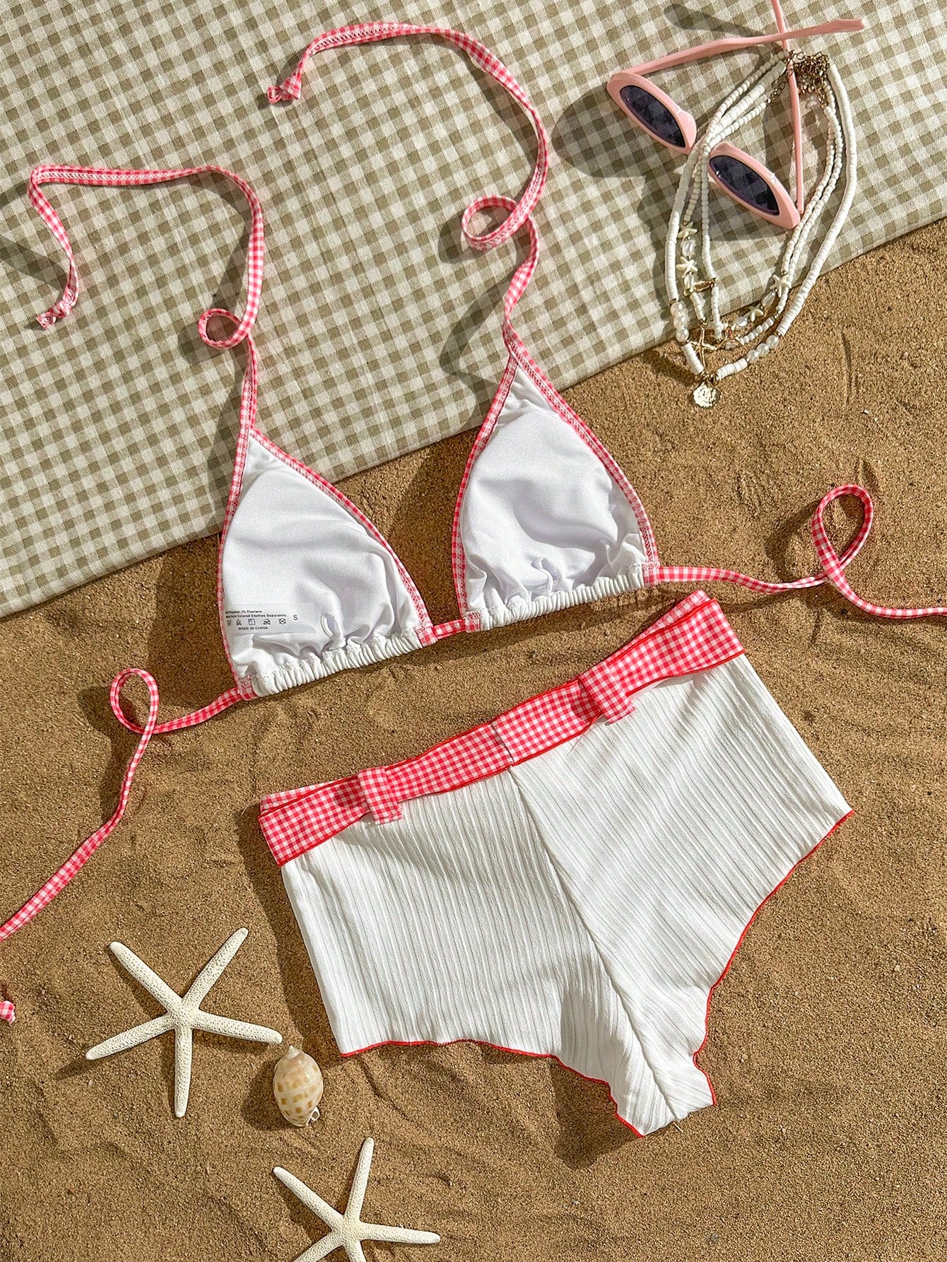 2pcs Sexy Retro Red & White Bikini Set - Triangle Top With Contrast