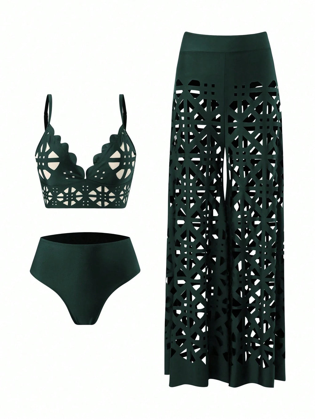 Swim Oasis 3pcs Women's Summer New Solid Color Tankini Top, High Waist Swimwear Bottom, Hollow Out Long Beach - image 13