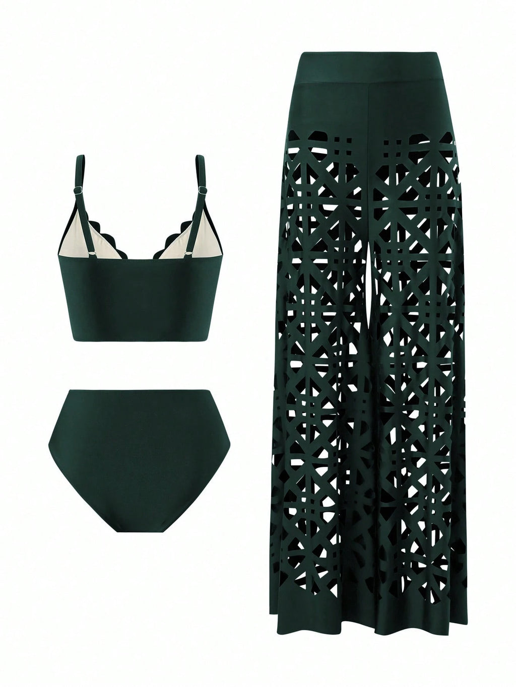Swim Oasis 3pcs Women's Summer New Solid Color Tankini Top, High Waist Swimwear Bottom, Hollow Out Long Beach - image 11