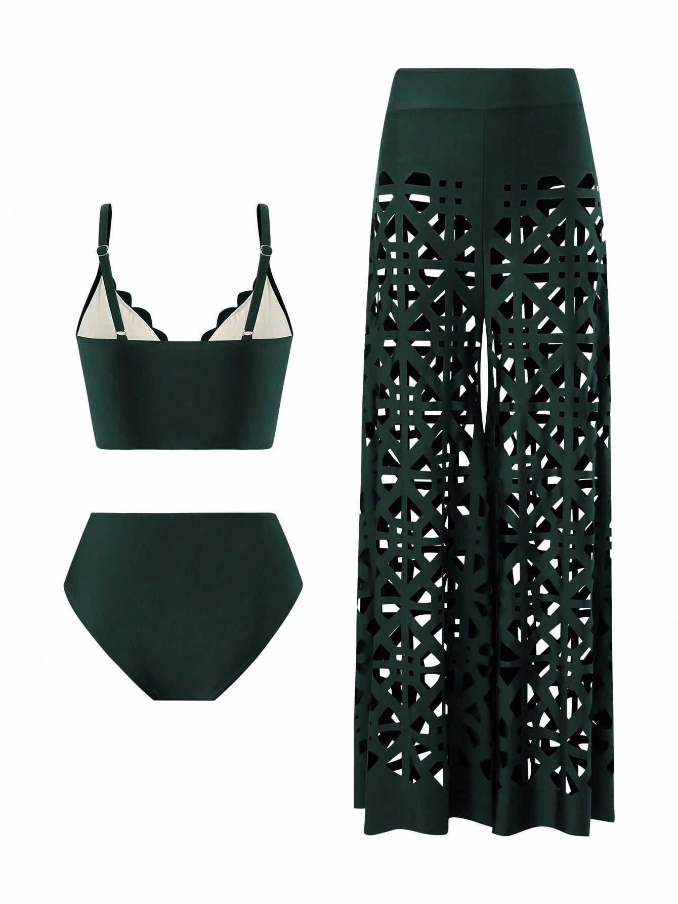 Swim Oasis 3pcs Women's Summer New Solid Color Tankini Top, High Waist Swimwear Bottom, Hollow Out Long Beach - image 11