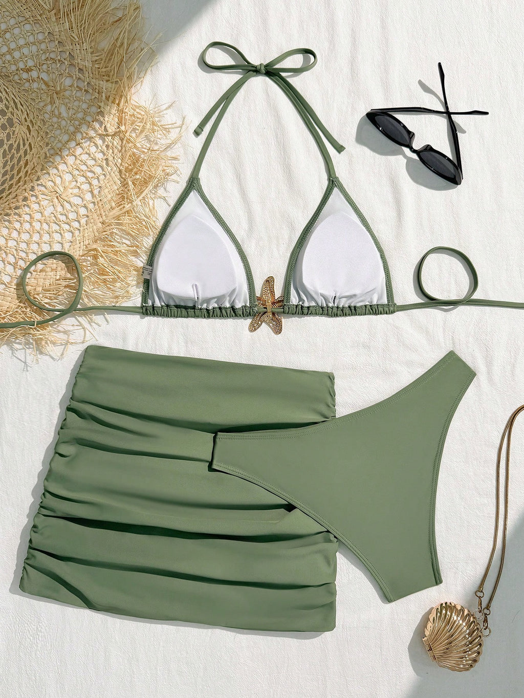 Summer 3pcs Starfish Halter Neck Bikini Set, Triangle Bikini Top, Sexy Star Back Tie Ruffle Backless Skirt, - image 11