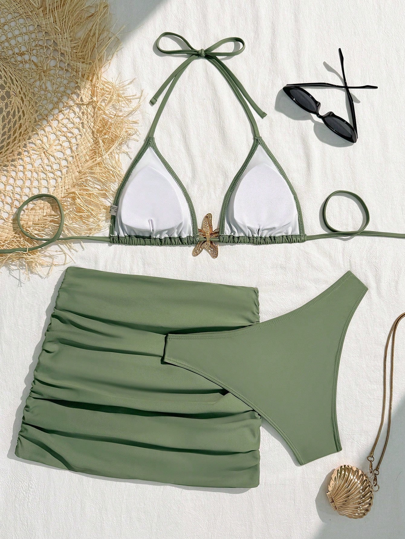 Summer 3pcs Starfish Halter Neck Bikini Set, Triangle Bikini Top, Sexy Star Back Tie Ruffle Backless Skirt, - image 11