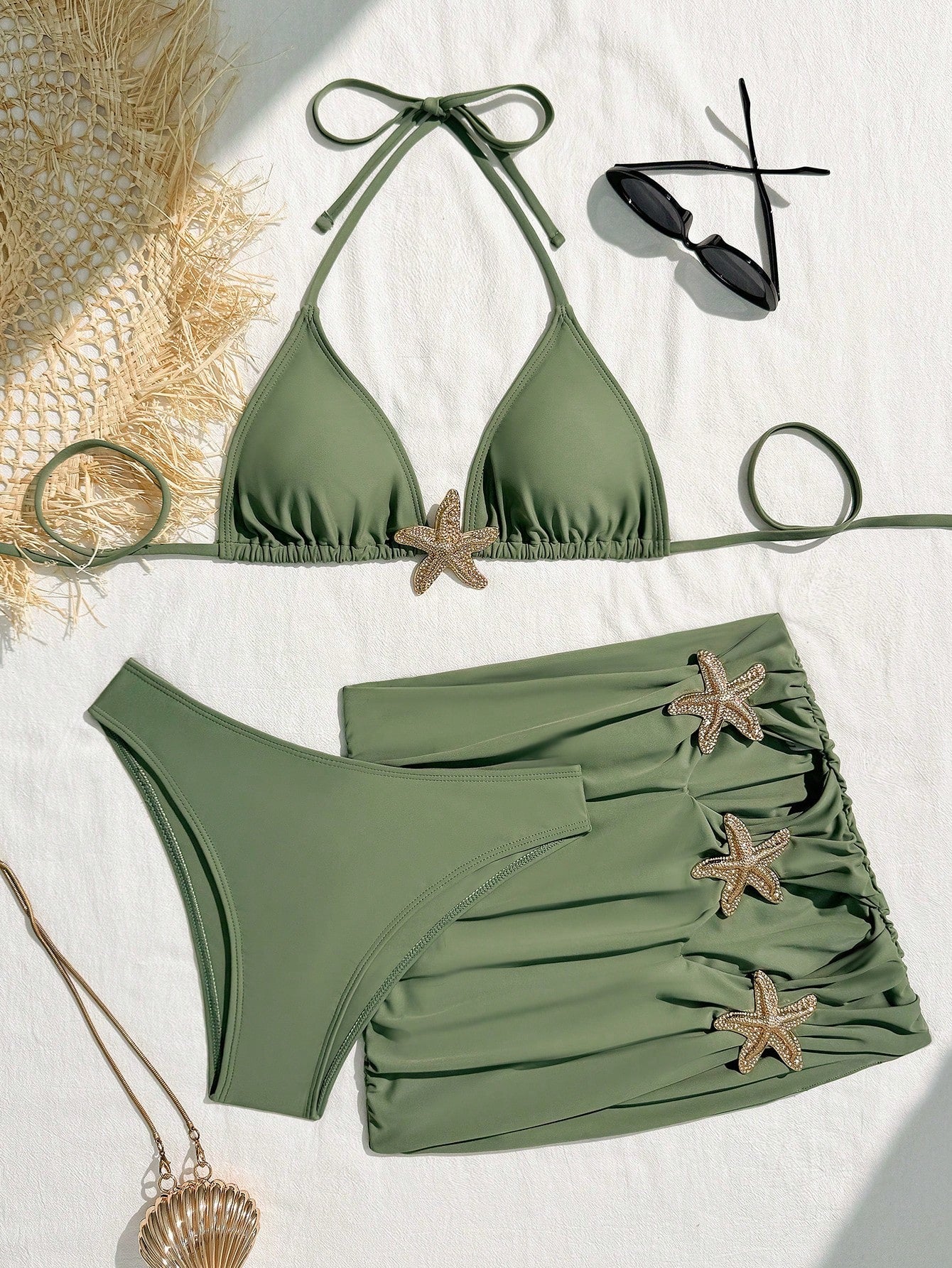 Summer 3pcs Starfish Halter Neck Bikini Set, Triangle Bikini Top, Sexy Star Back Tie Ruffle Backless Skirt, - image 10