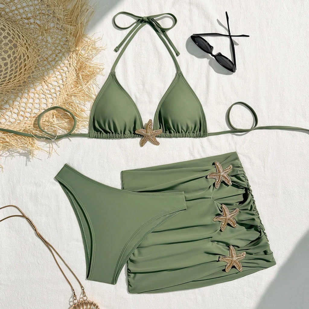 Summer 3pcs Starfish Halter Neck Bikini Set, Triangle Bikini Top, Sexy Star Back Tie Ruffle Backless Skirt, - image 15