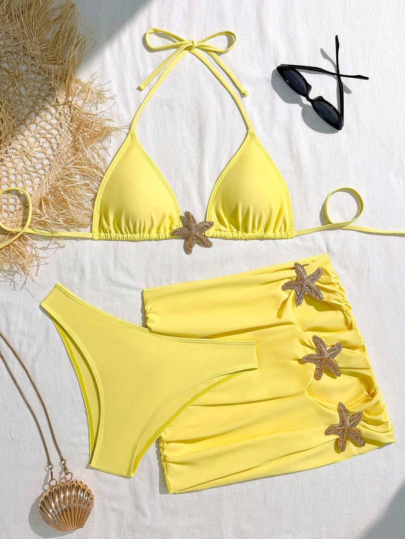 Summer 3pcs Starfish Halter Neck Bikini Set, Triangle Bikini Top, Sexy Star Back Tie Ruffle Backless Skirt, - image 19