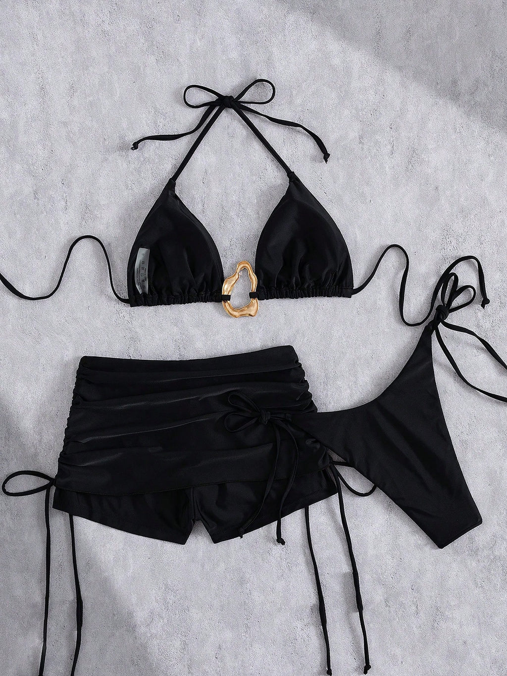 3pcs Solid Color Bikini Swimwear Set, Spaghetti Strap Halter Backless