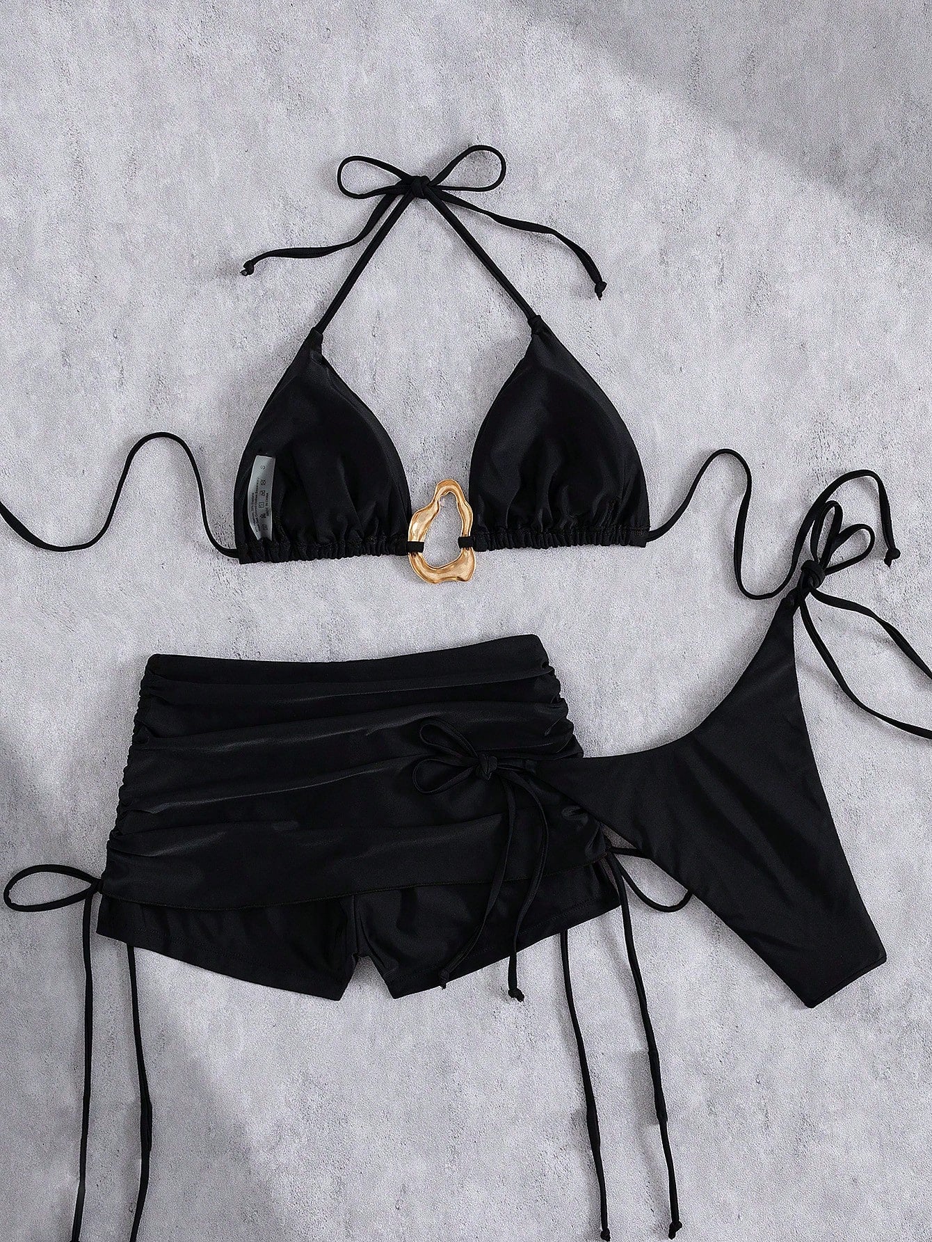 3pcs Solid Color Bikini Swimwear Set, Spaghetti Strap Halter Backless