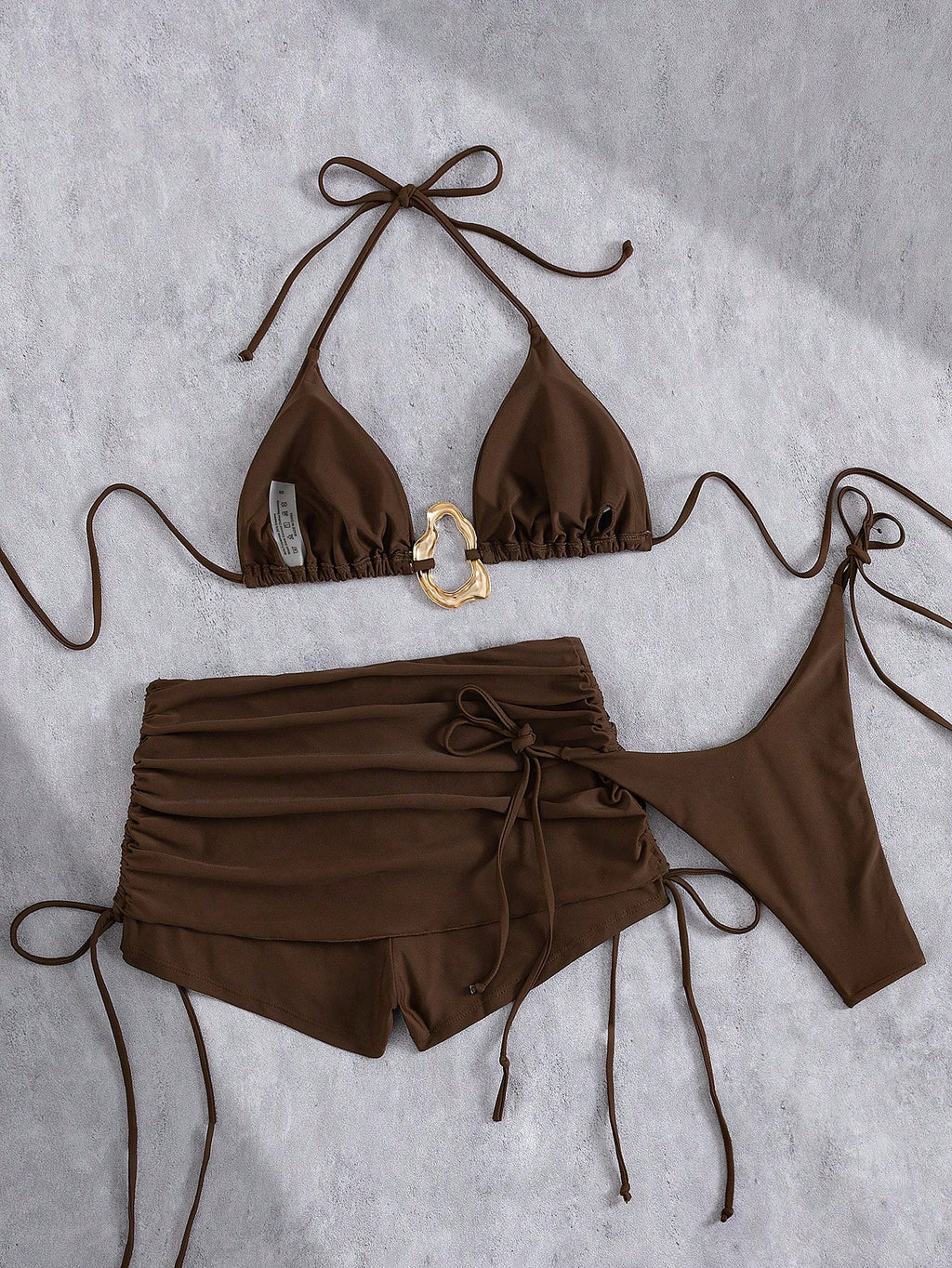 3pcs Solid Color Bikini Swimwear Set, Spaghetti Strap Halter Backless