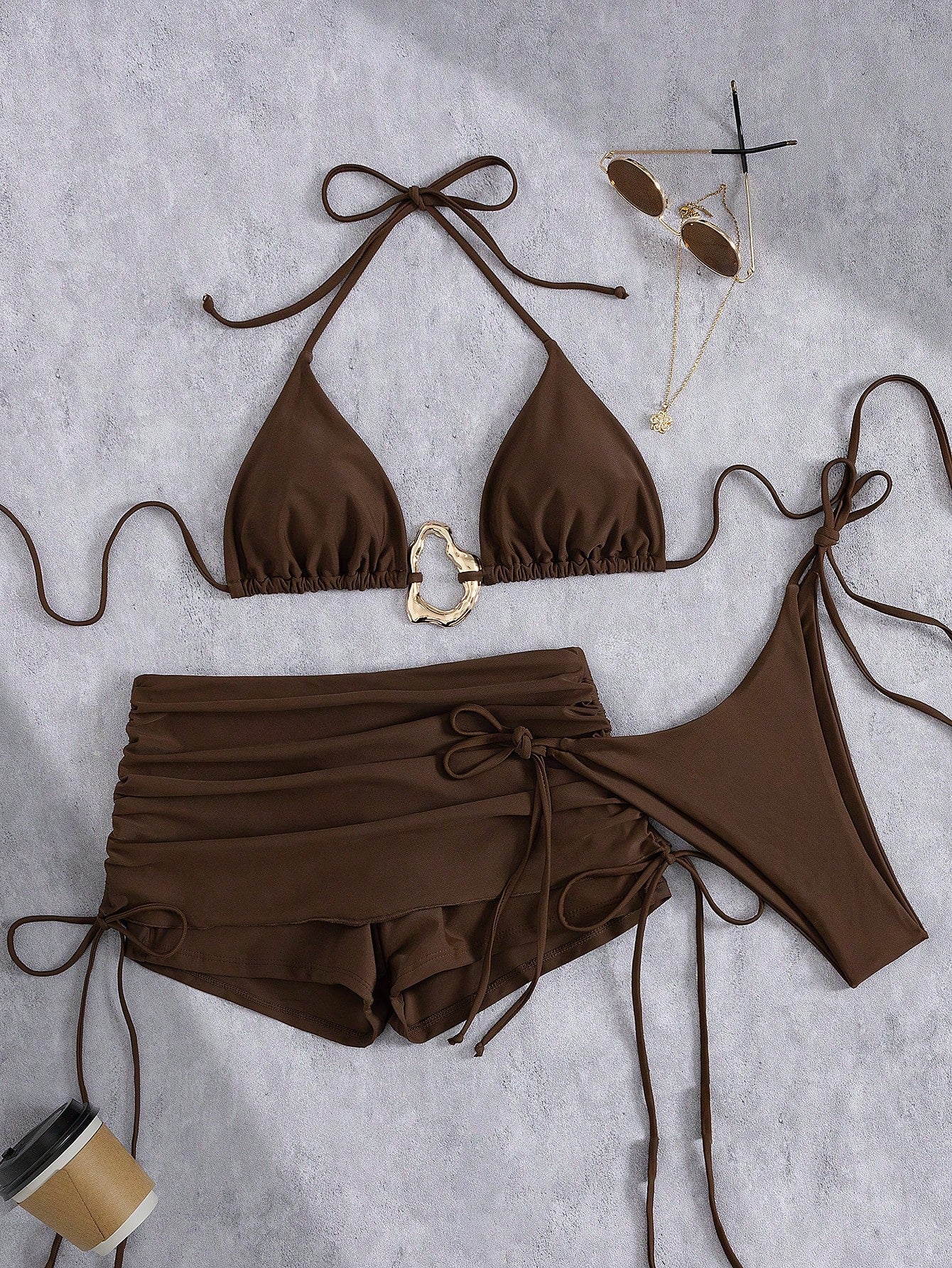 3pcs Solid Color Bikini Swimwear Set, Spaghetti Strap Halter Backless
